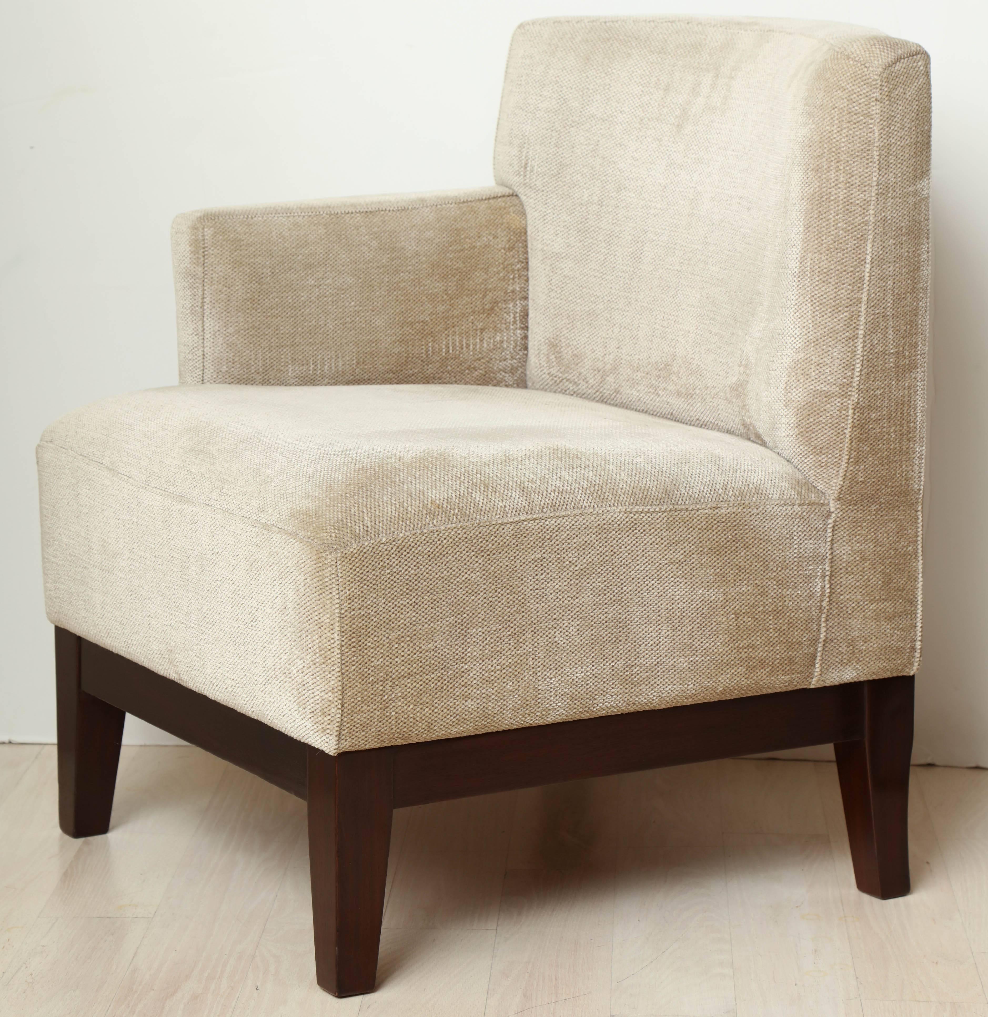 Pair of Modern Single Arm Wood and Upholstered Beige Chenille Chairs, Belgium For Sale 5
