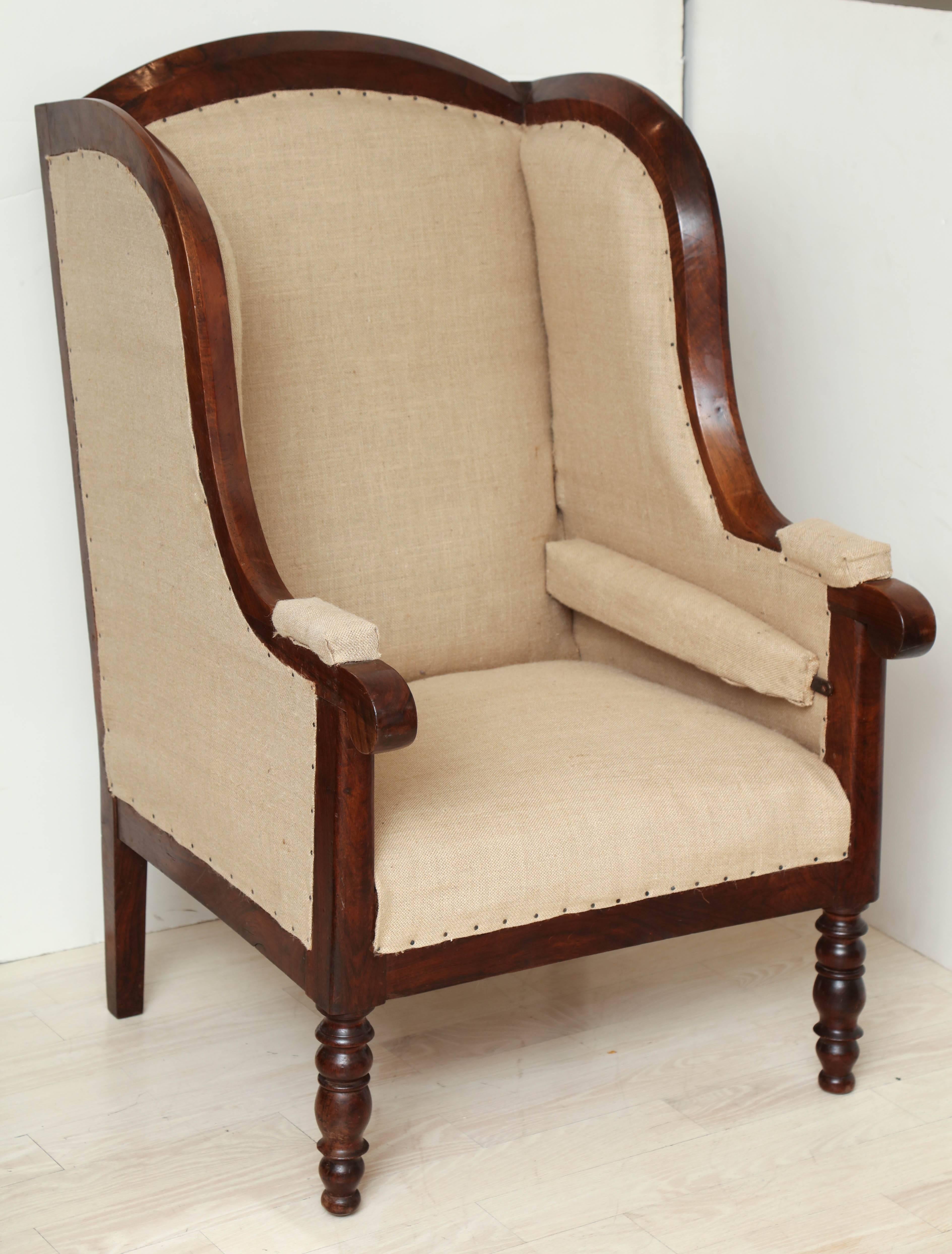 Upholstery Early 19th Century French Walnut Upholstered Wing Chair For Sale