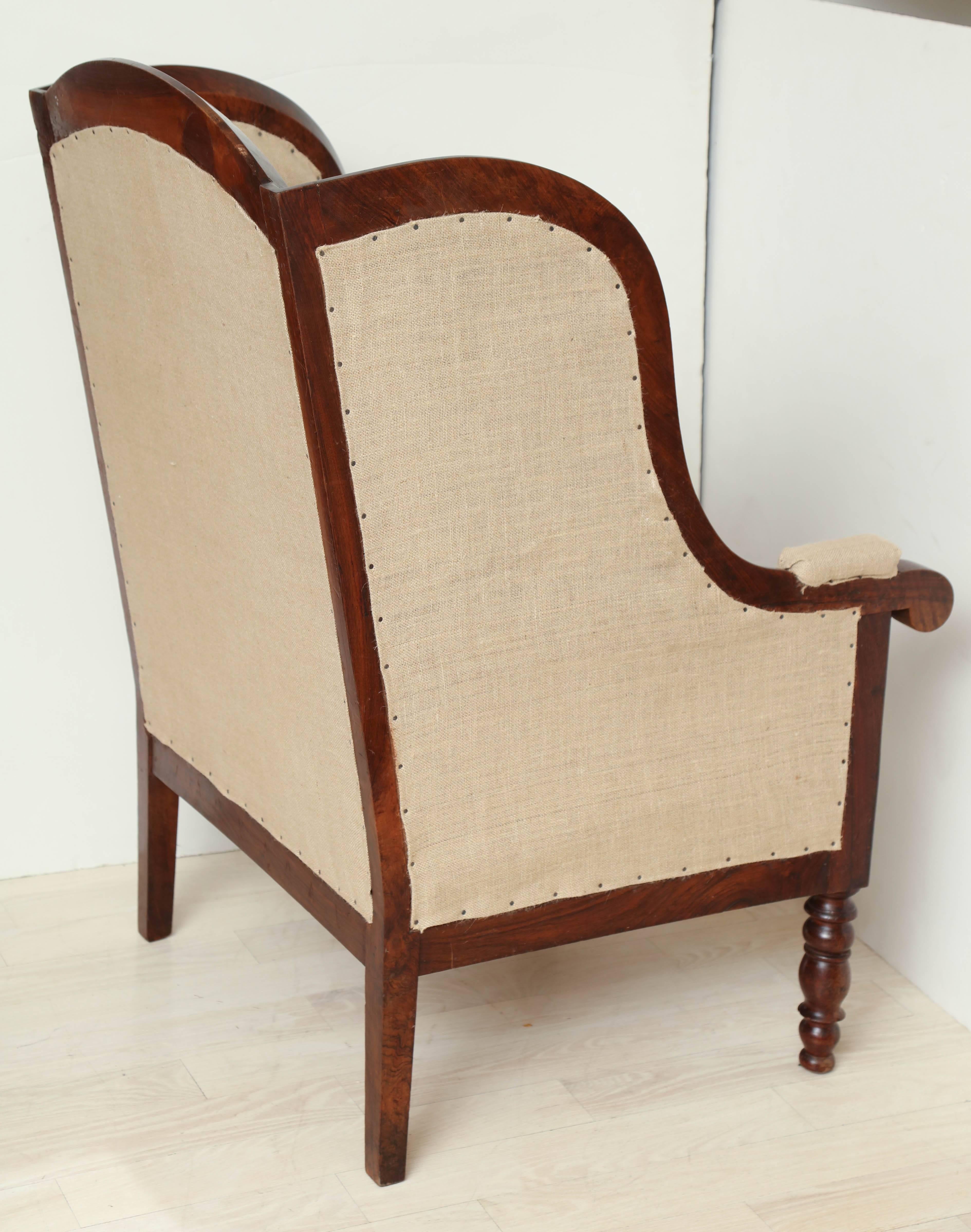 Early 19th Century French Walnut Upholstered Wing Chair For Sale 4