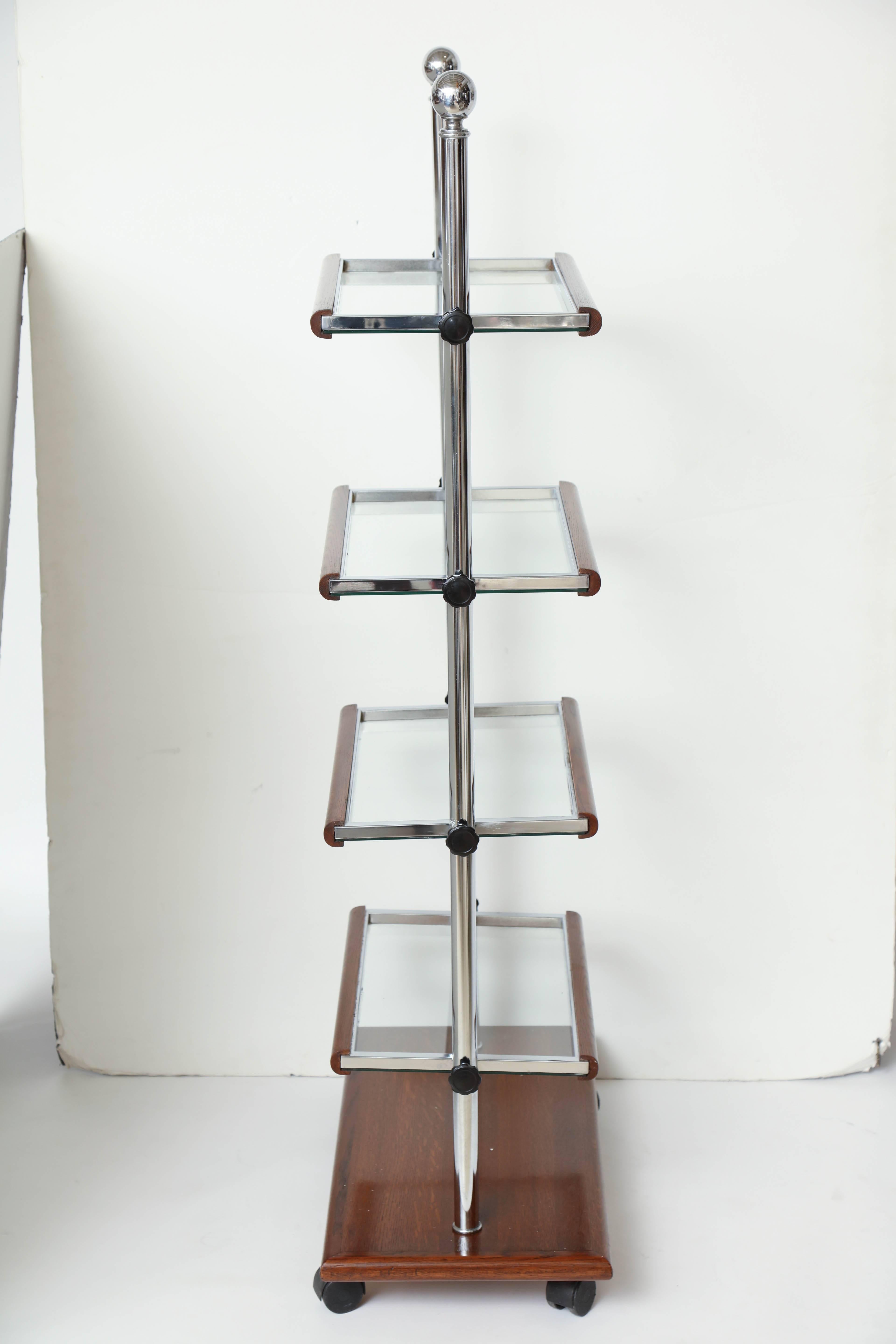 Unusual Chrome and Oak Wood Folding Etagere with Glass Shelves, France, 1940 In Excellent Condition In New York, NY