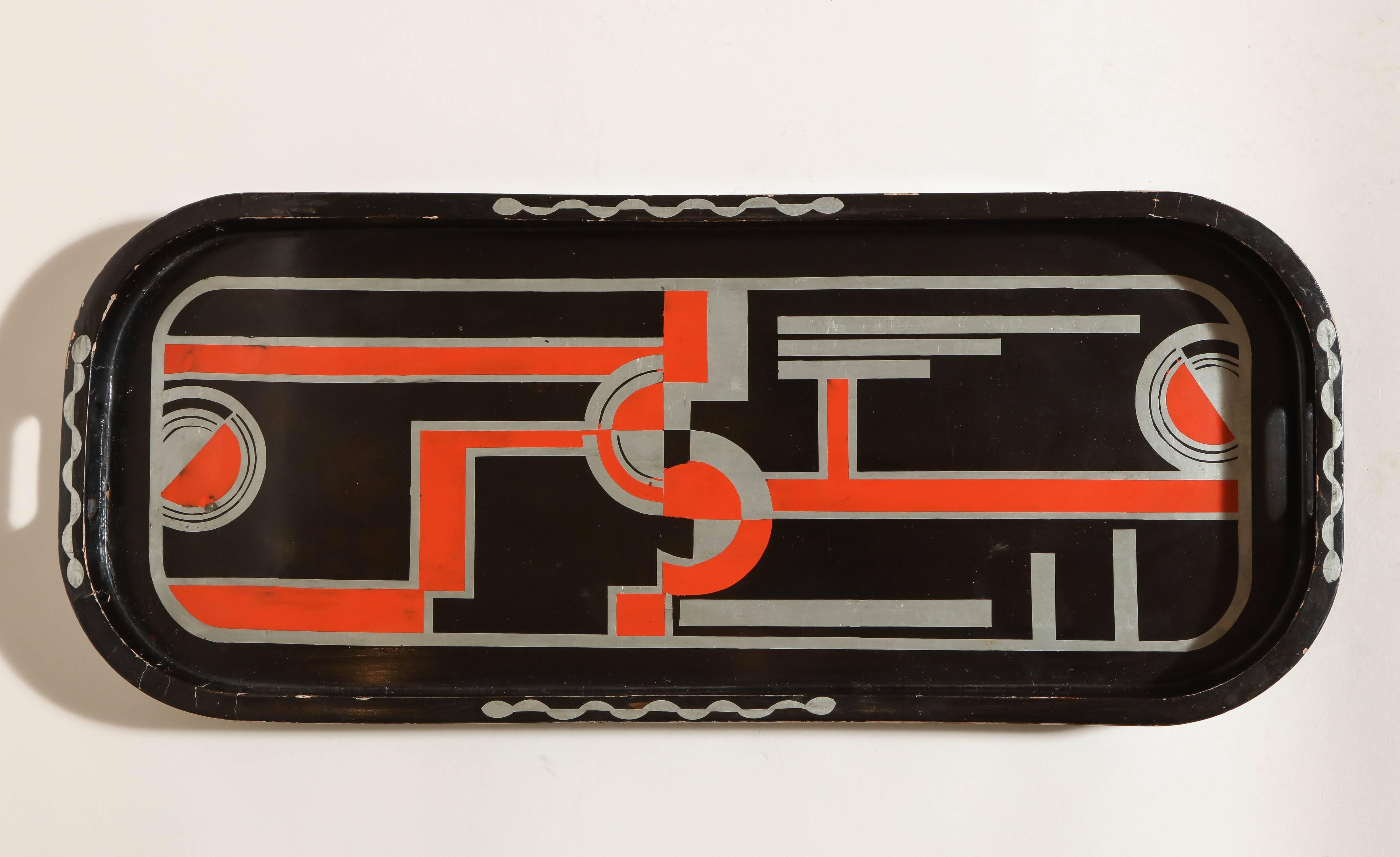 French Art Deco tray with Russian constructivist red and silver geometric lacquer design on black lacquer ground.
 