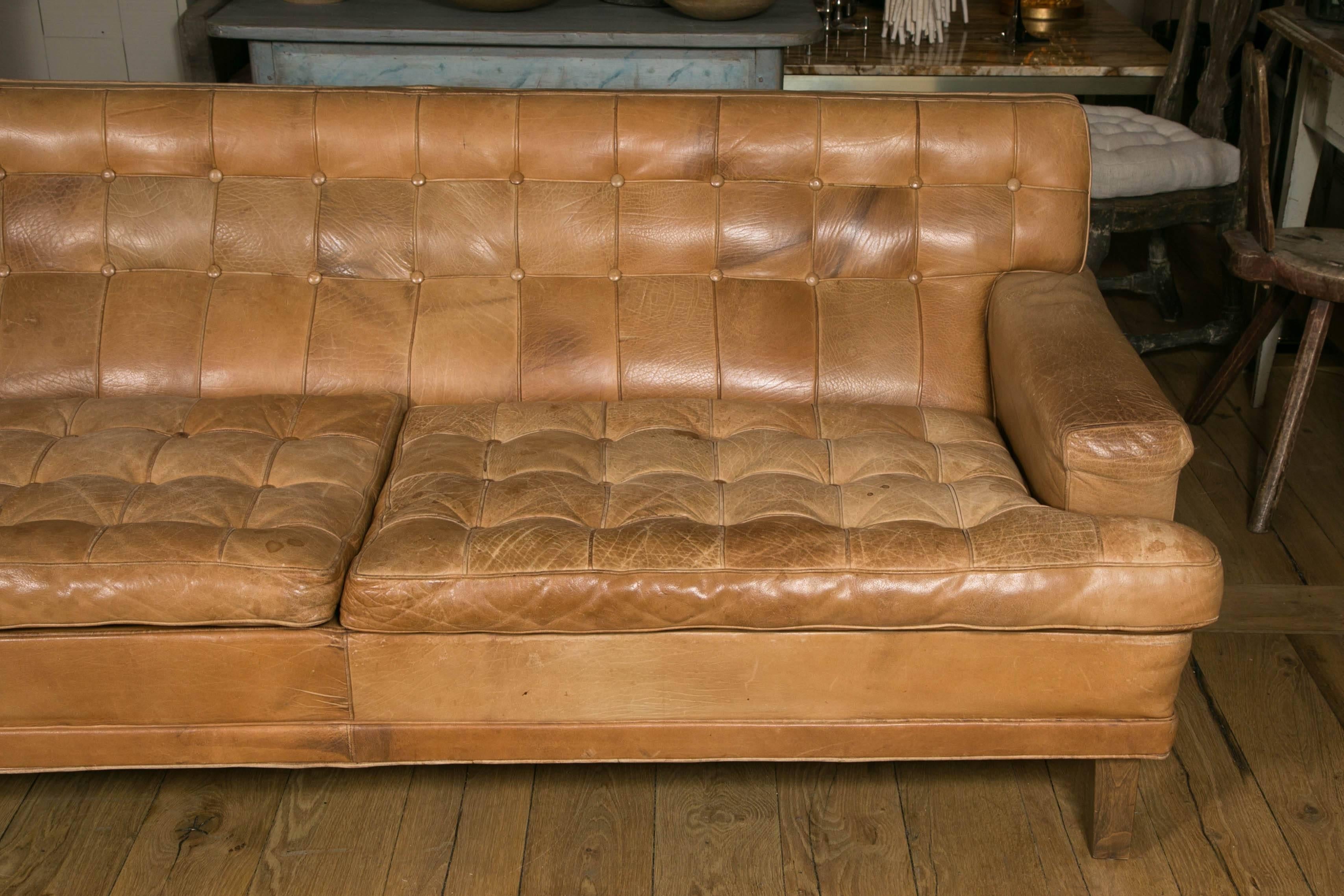 Scandinavian Modern Pair of Arne Norell Mexico Sofas in Natural Leather, circa 1960