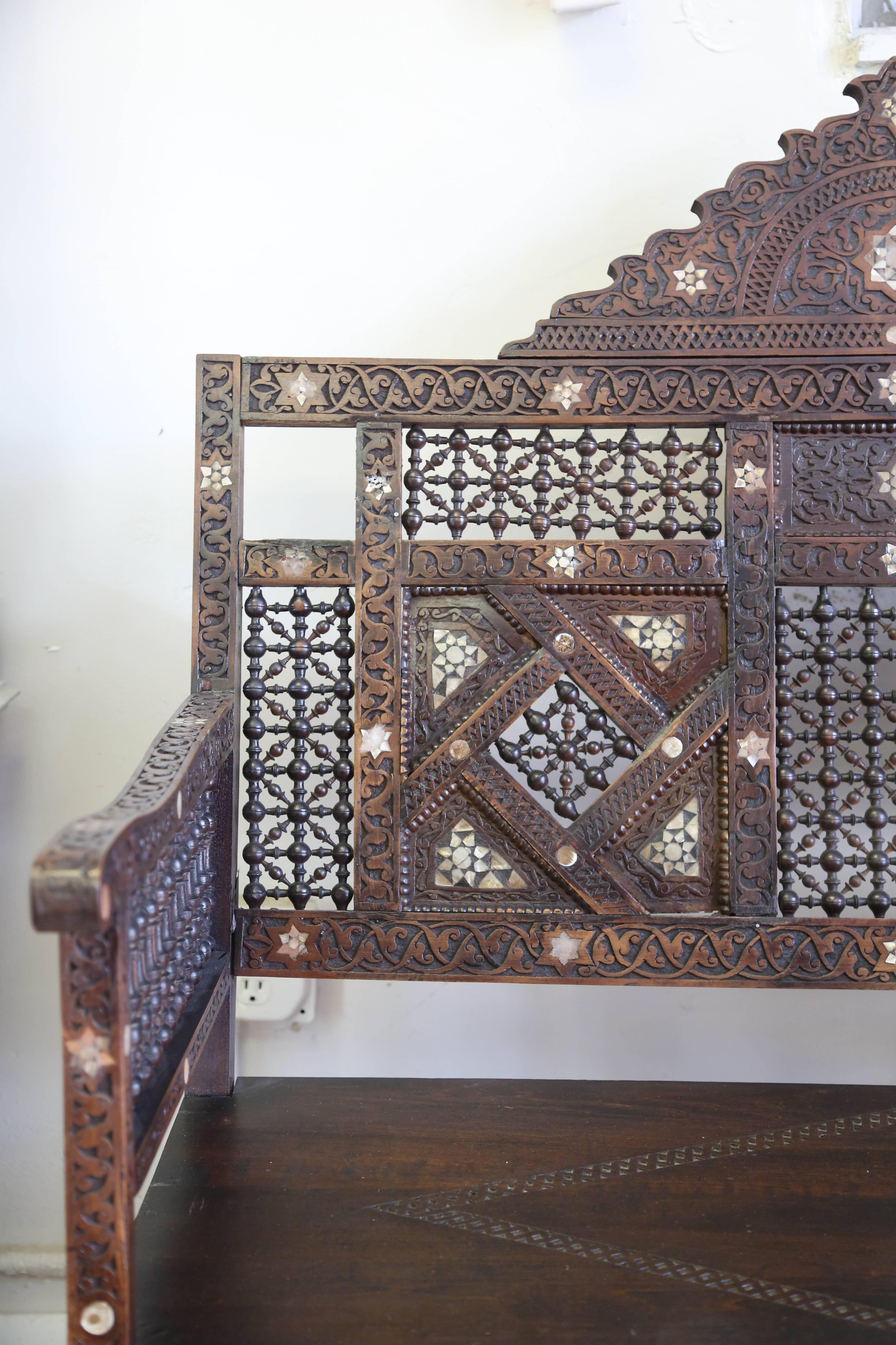 19th Century Syrian Carved Inlaid Bench In Good Condition In West Palm Beach, FL