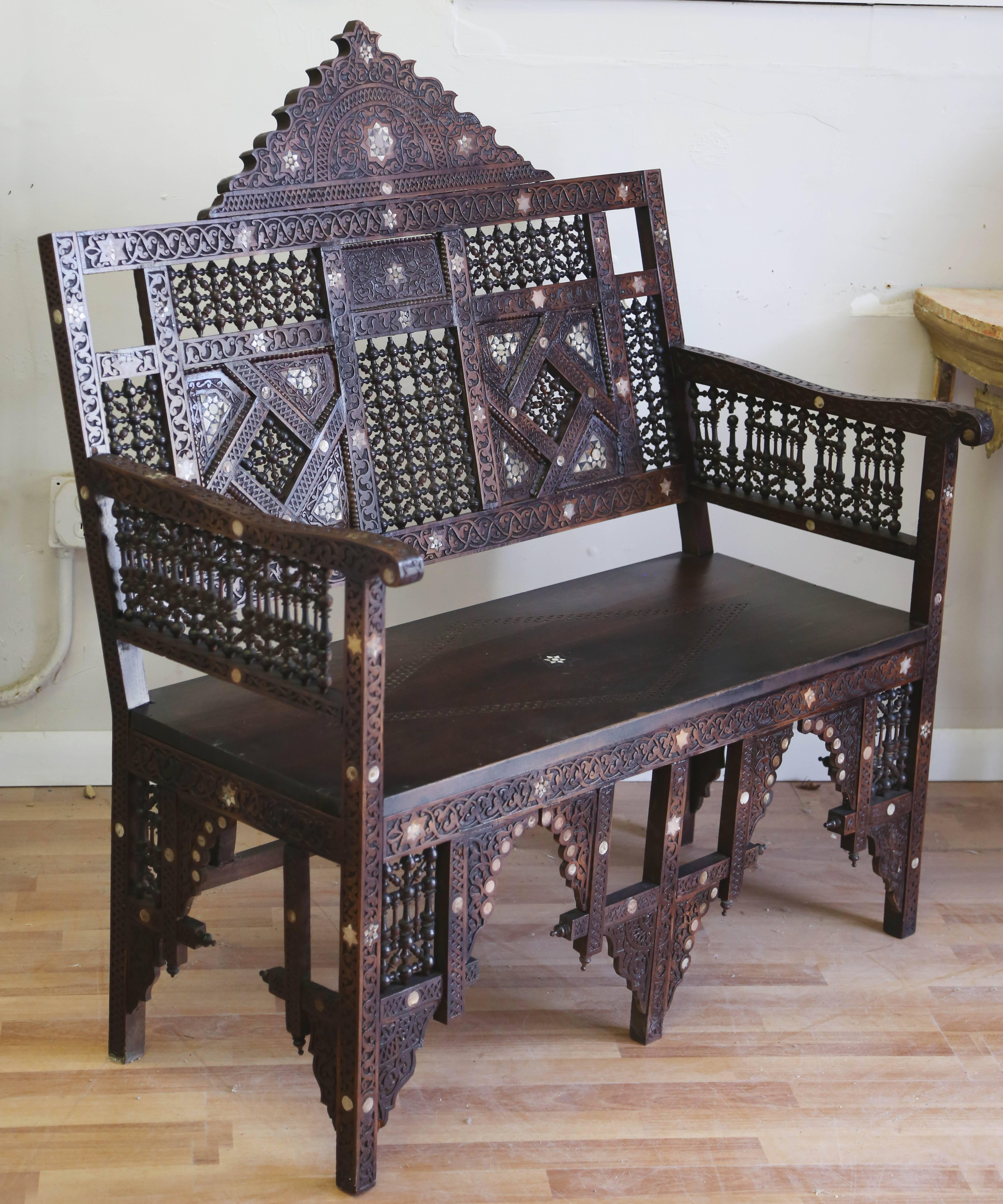 19th Century Syrian Carved Inlaid Bench 2
