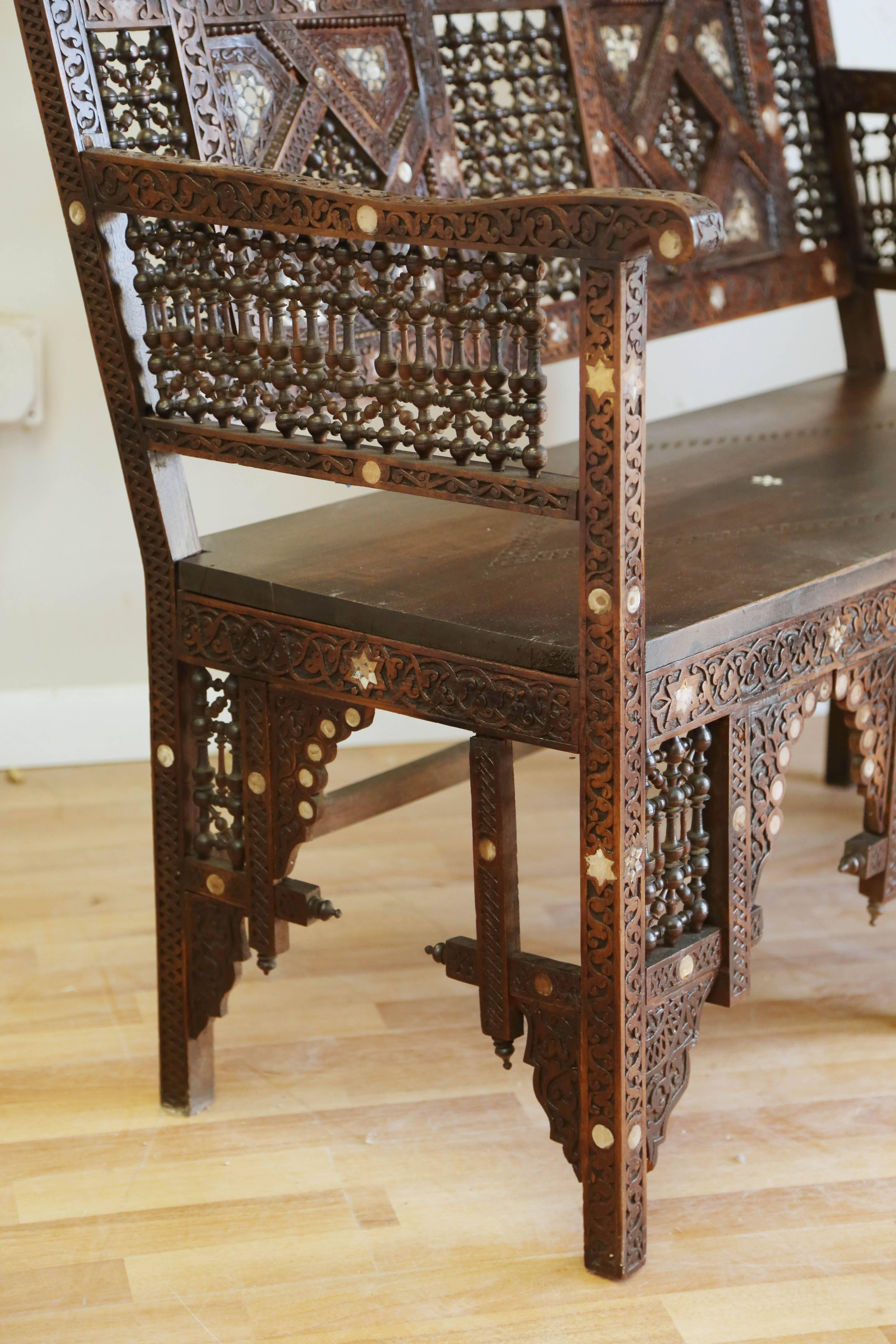 19th Century Syrian Carved Inlaid Bench 3