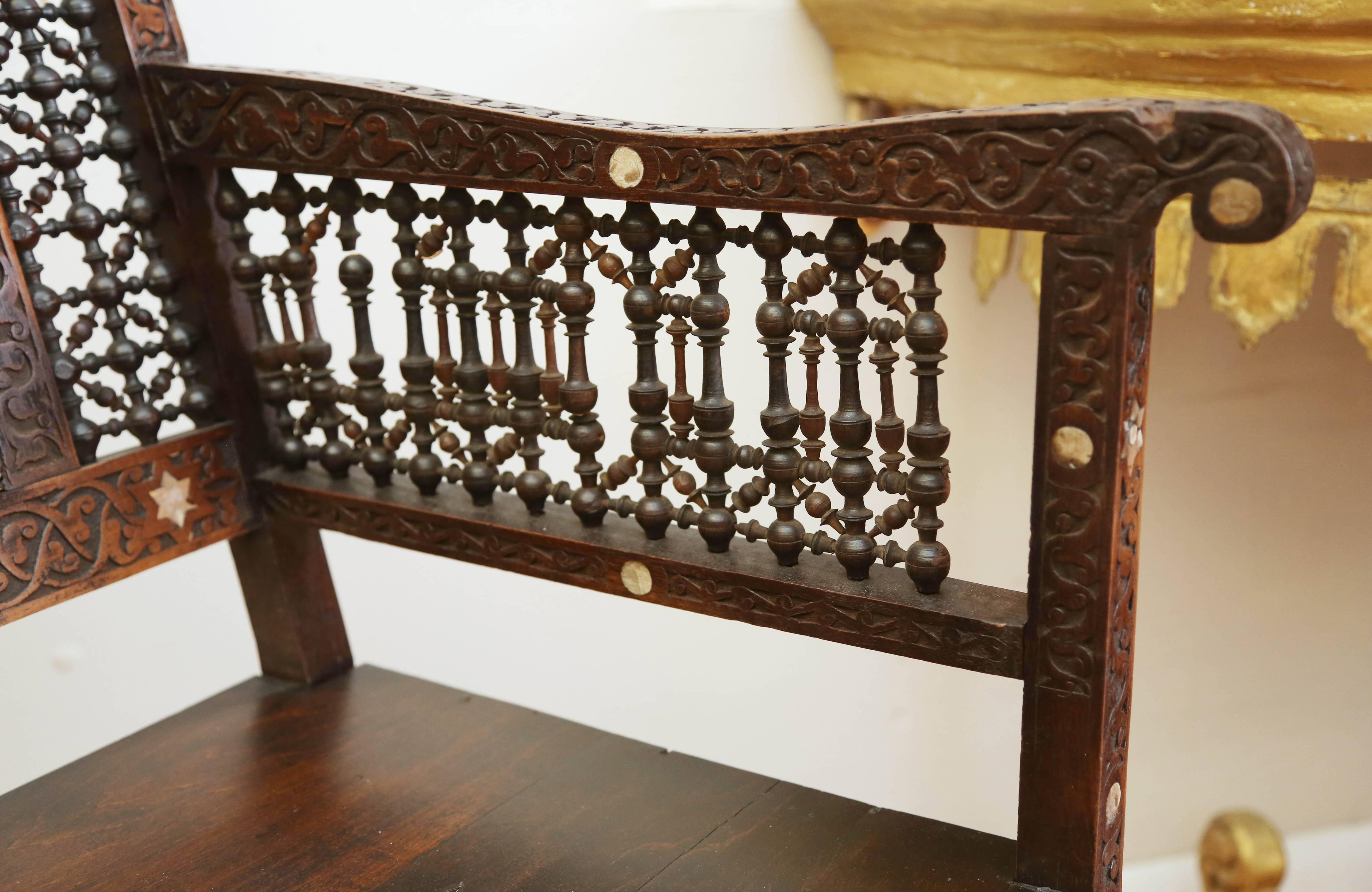 19th Century Syrian Carved Inlaid Bench 4