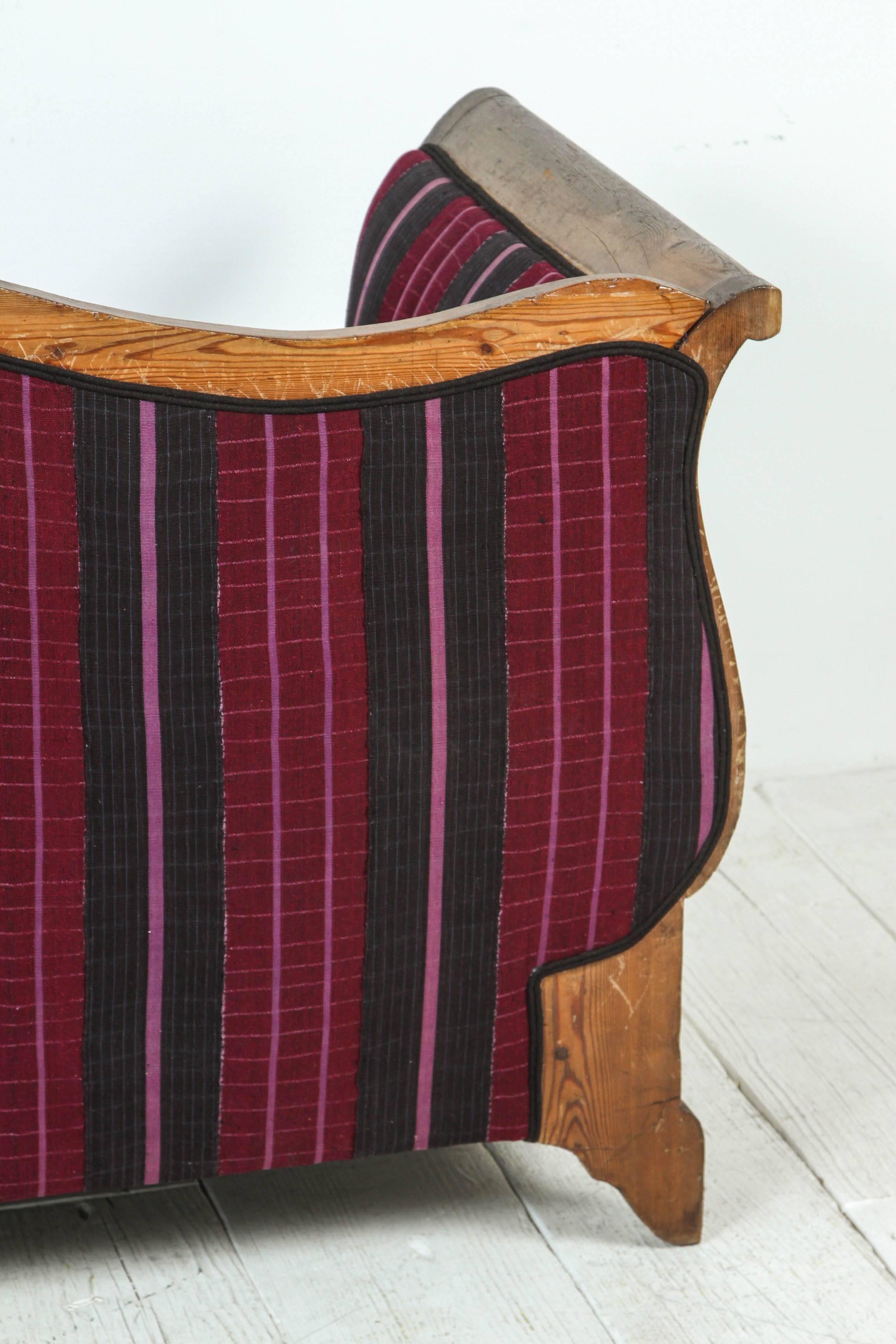 Mid-20th Century Vintage Wood Framed Camelback Settee Upholstered in Violet Pink and Black Stripe