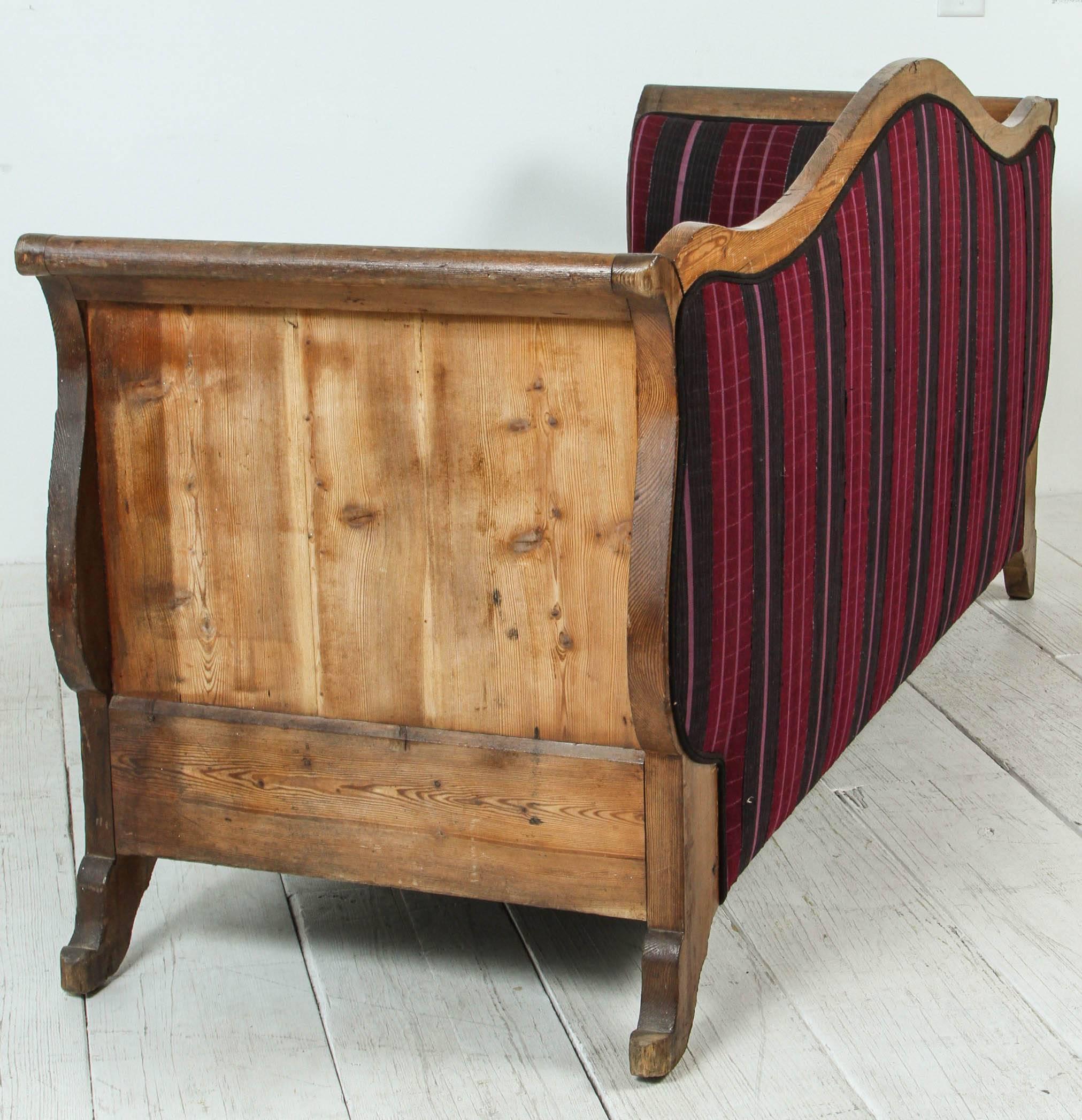 Vintage Wood Framed Camelback Settee Upholstered in Violet Pink and Black Stripe 1