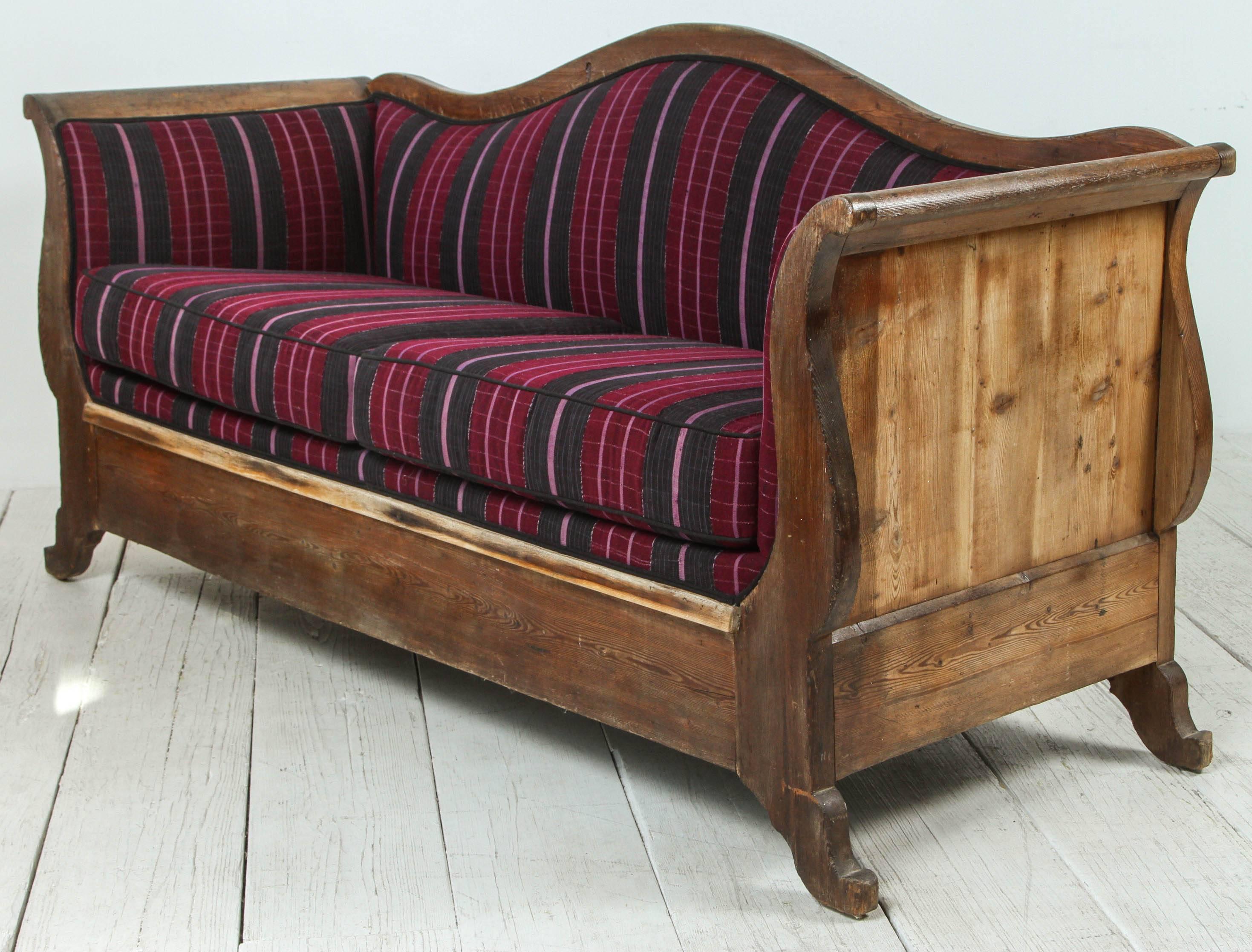 Vintage Wood Framed Camelback Settee Upholstered in Violet Pink and Black Stripe 2