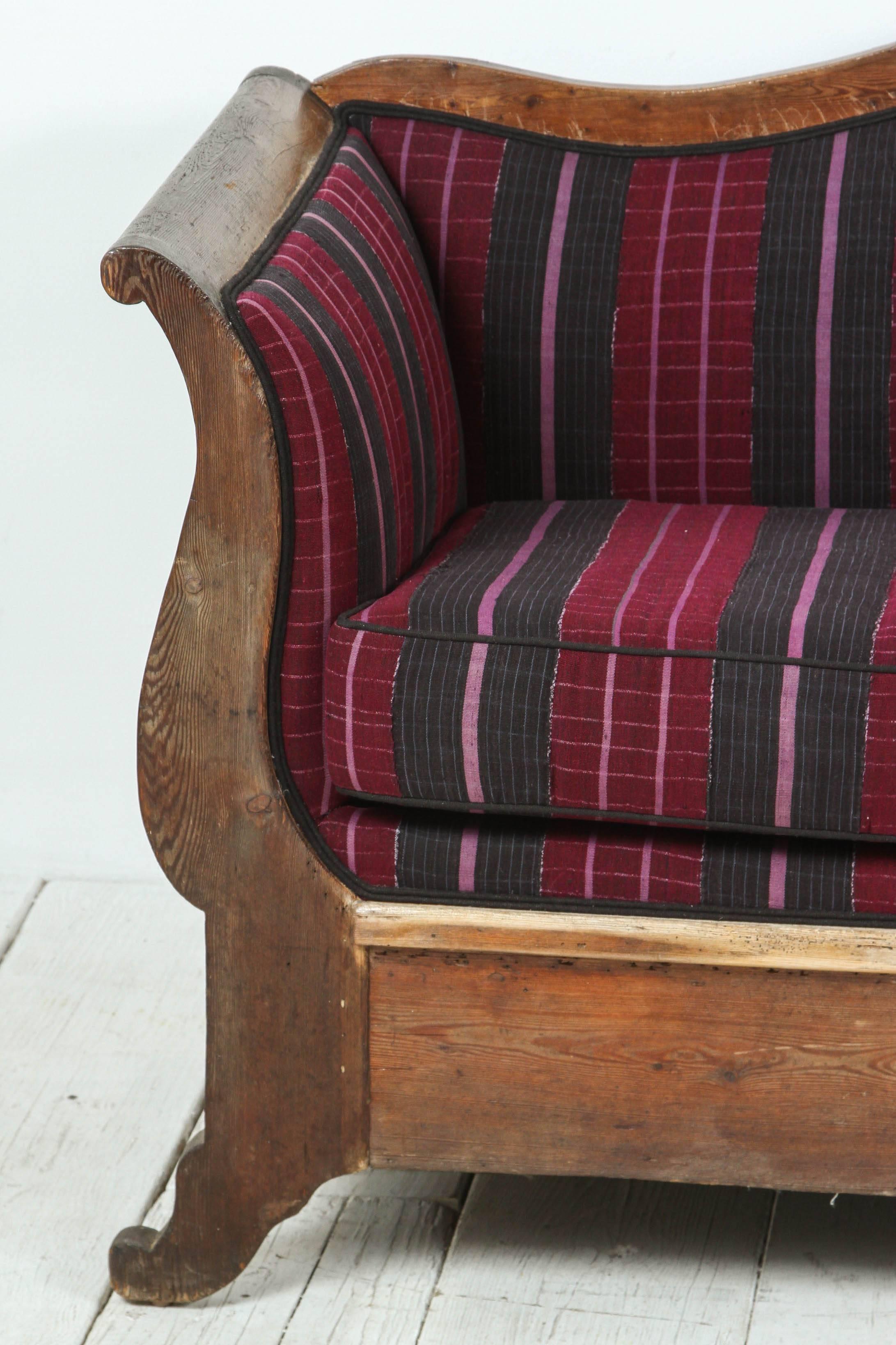Vintage Wood Framed Camelback Settee Upholstered in Violet Pink and Black Stripe 3