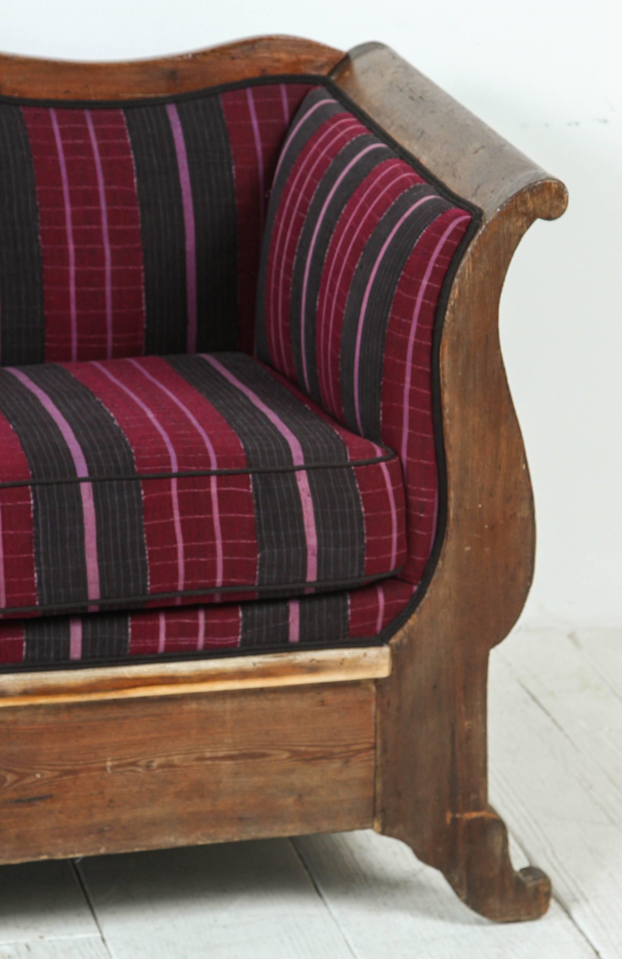 Vintage Wood Framed Camelback Settee Upholstered in Violet Pink and Black Stripe 4