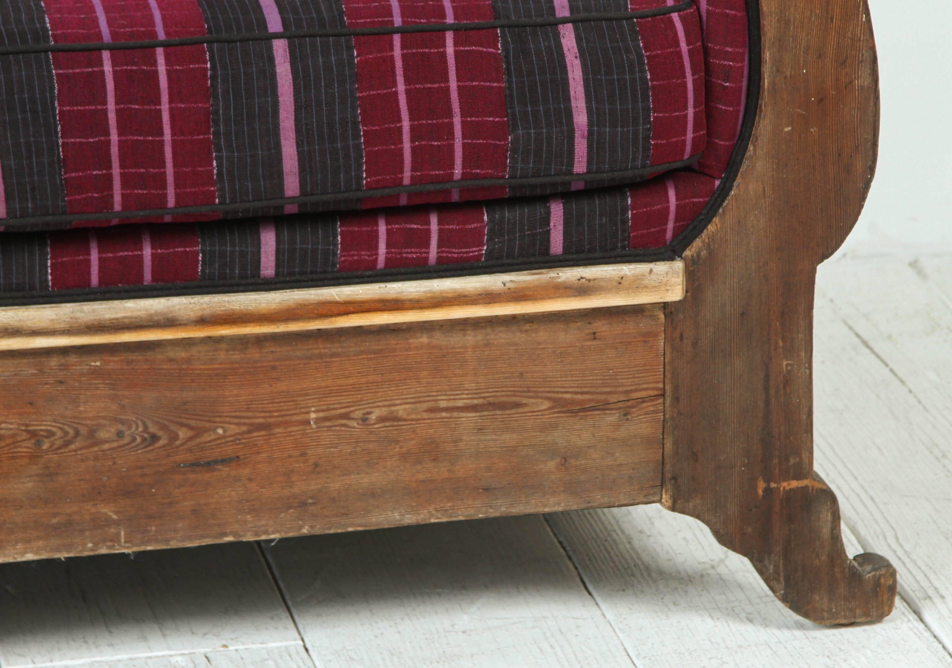 Vintage Wood Framed Camelback Settee Upholstered in Violet Pink and Black Stripe 5