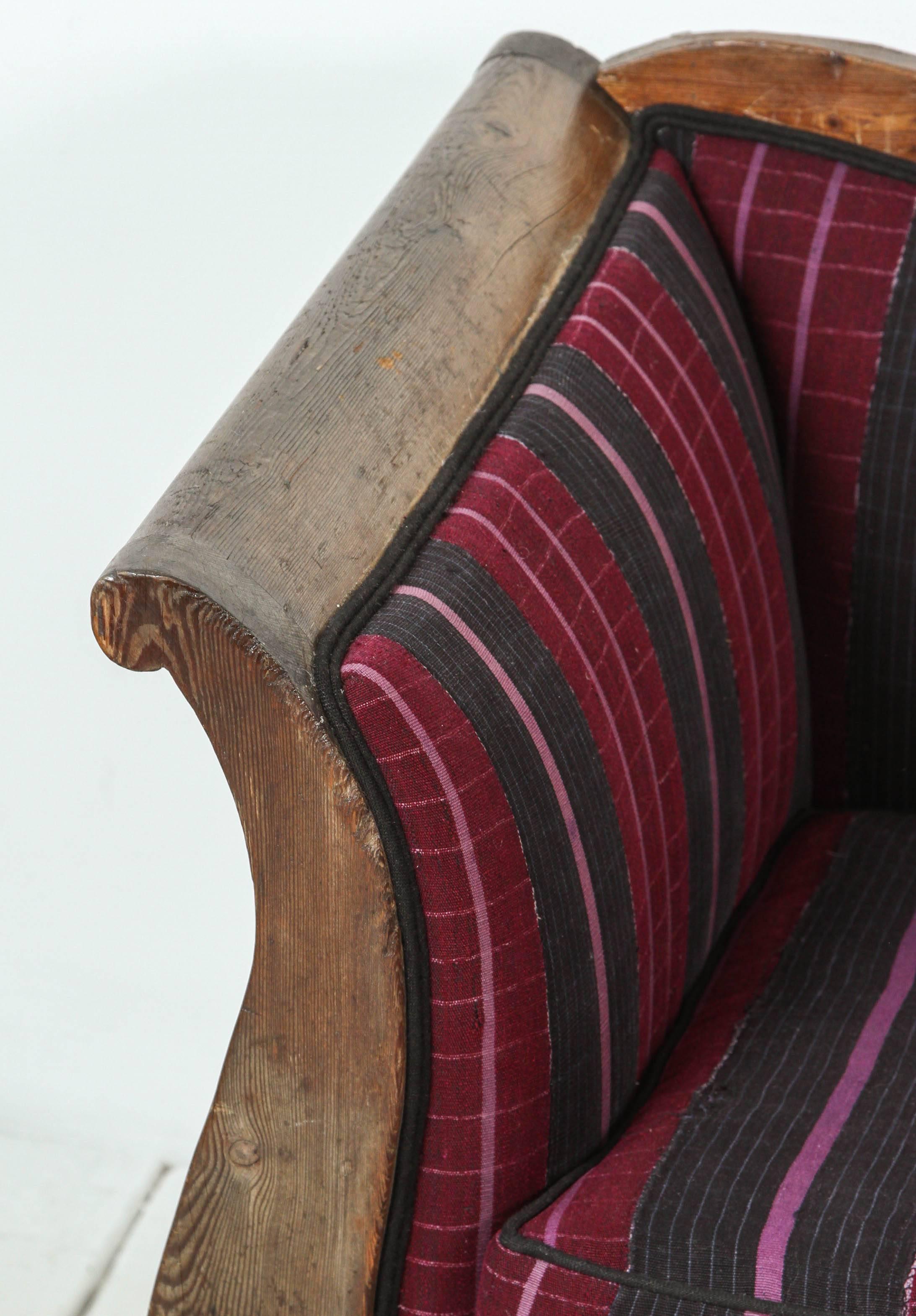 Vintage Wood Framed Camelback Settee Upholstered in Violet Pink and Black Stripe 6