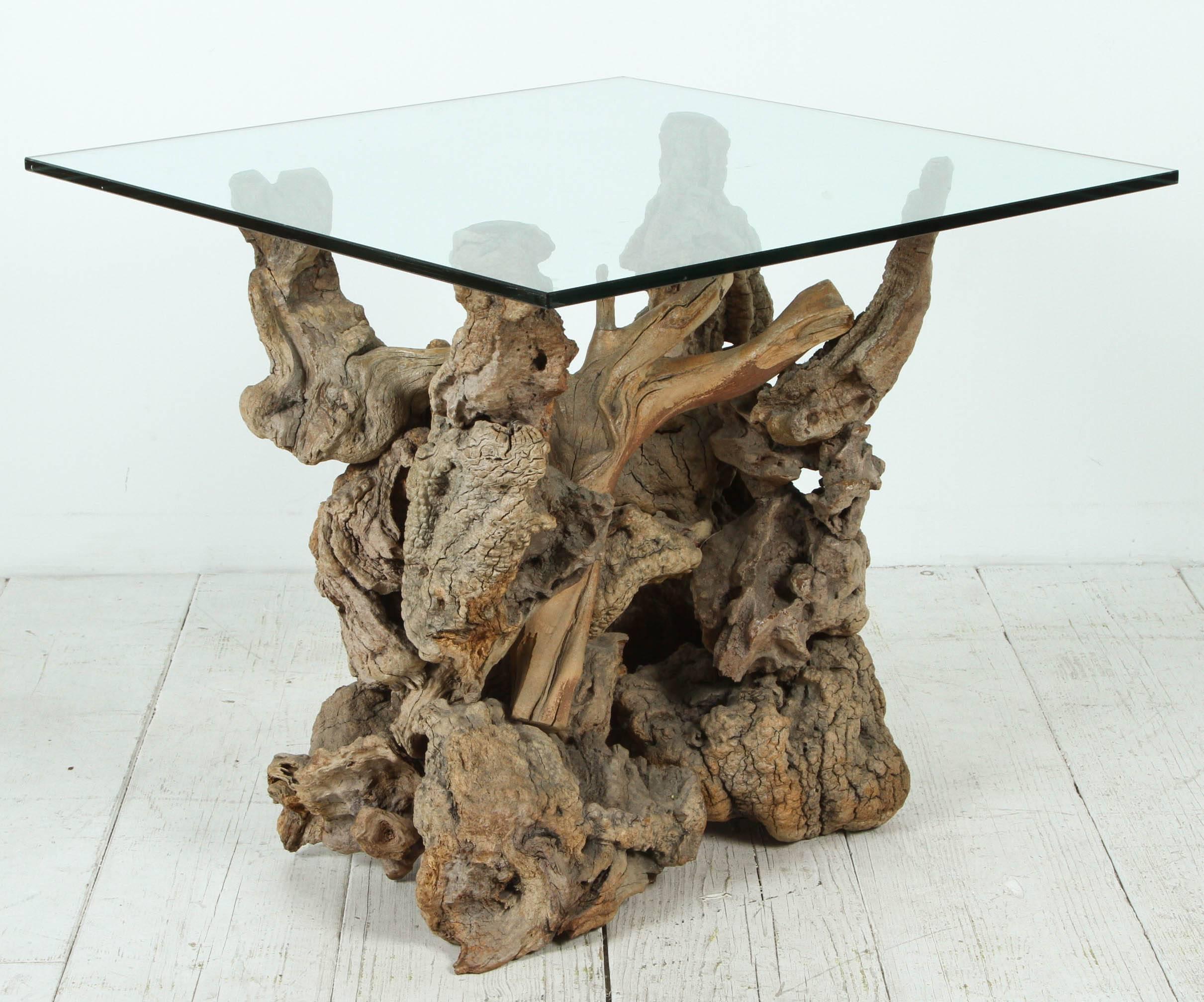 Late 20th Century Vintage Root Tall Side Table with Glass Top