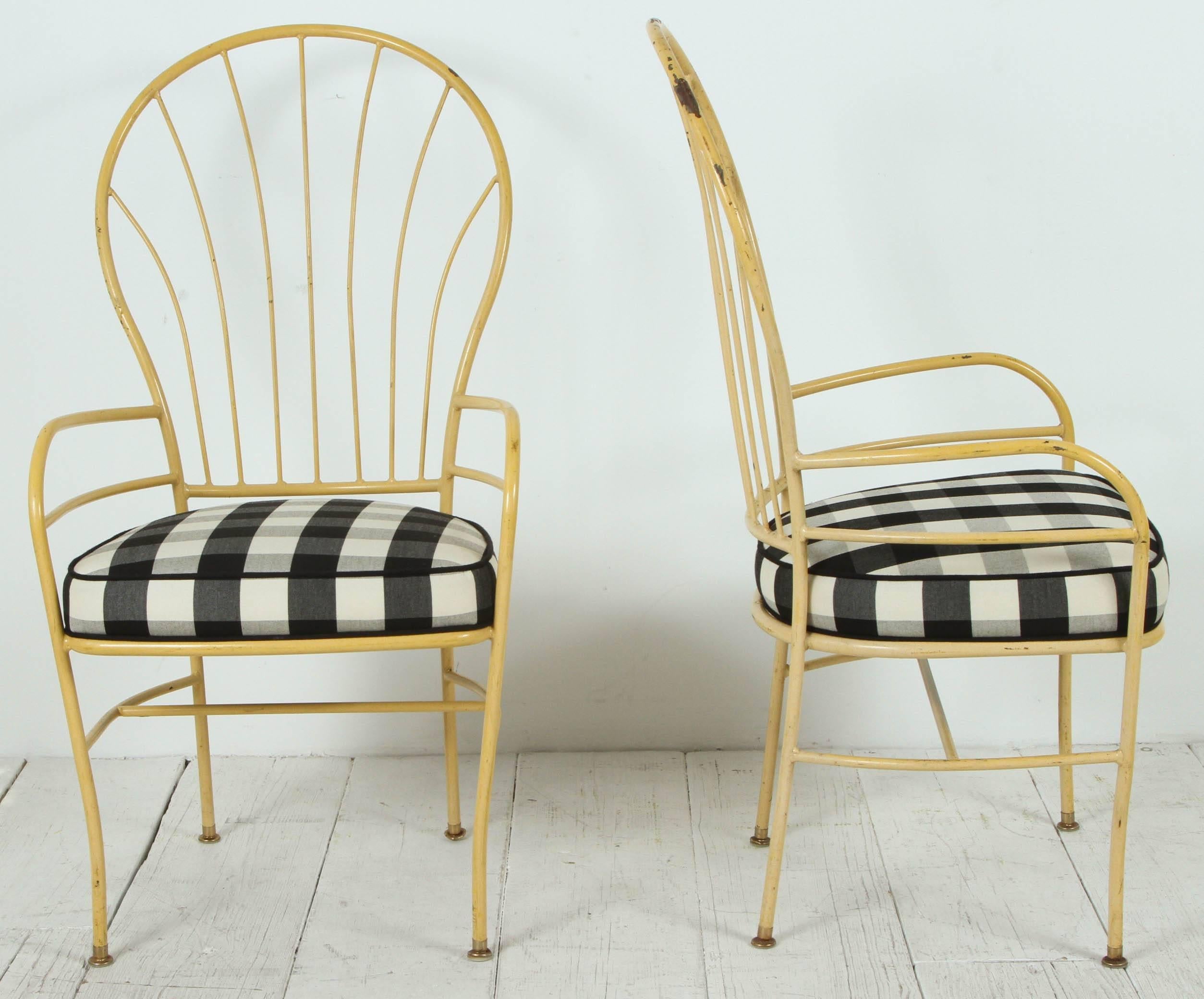 Charming yellow metal Windsor style chairs in new black and white gingham fabric.