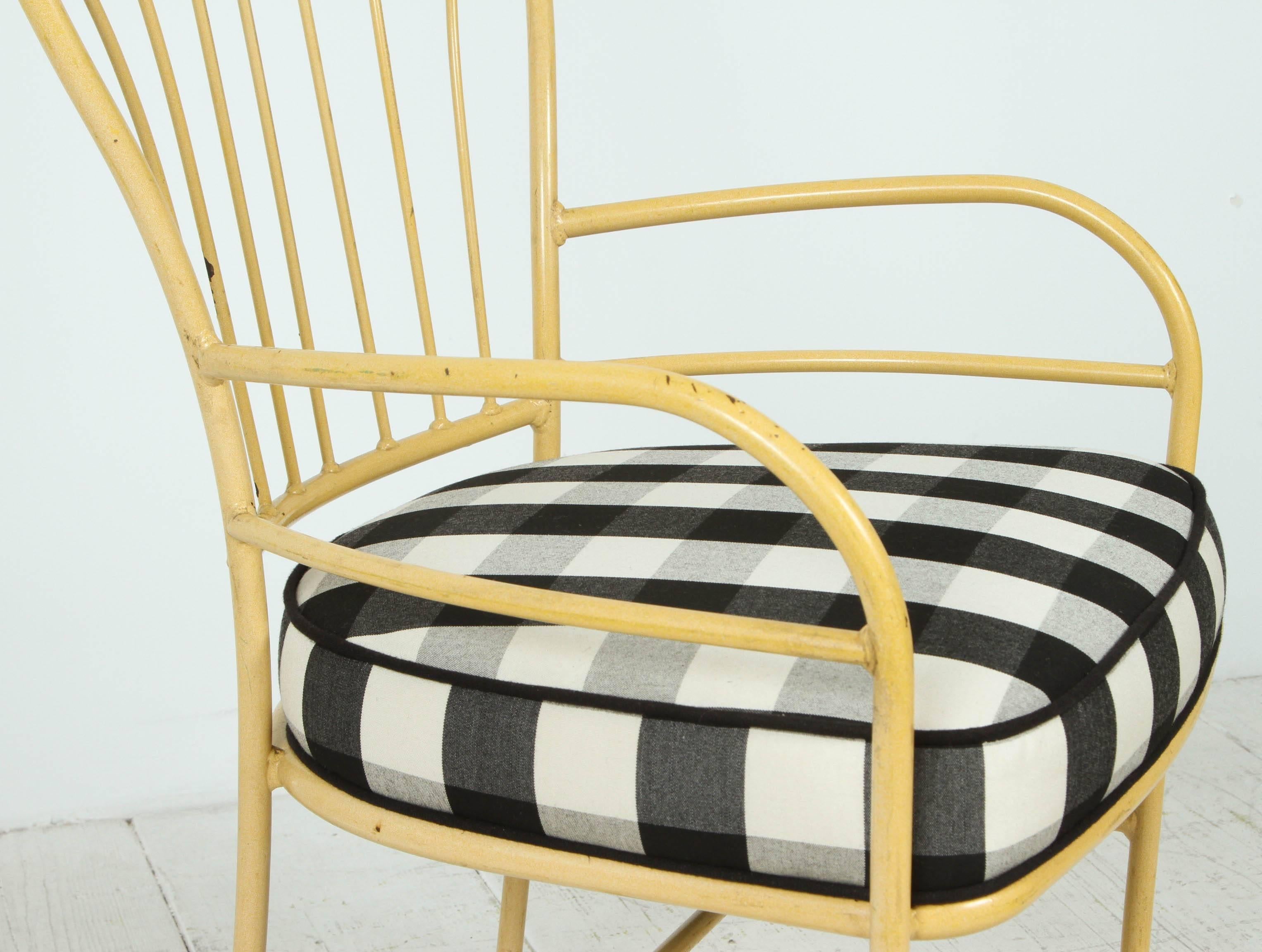 American Set of Four Yellow Metal Outdoor Chairs in Black and White Check Fabric