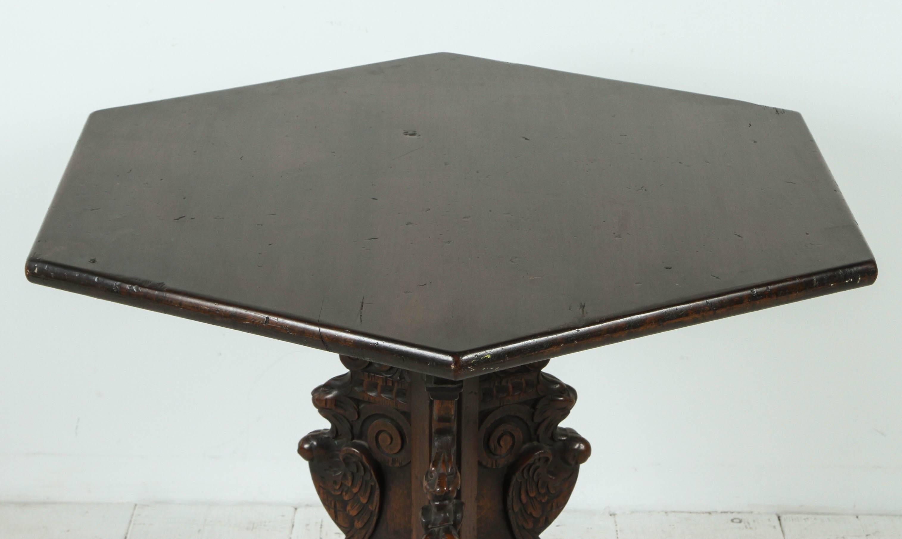20th Century Spanish Pedestal Hexagonal Table with Ornate Details