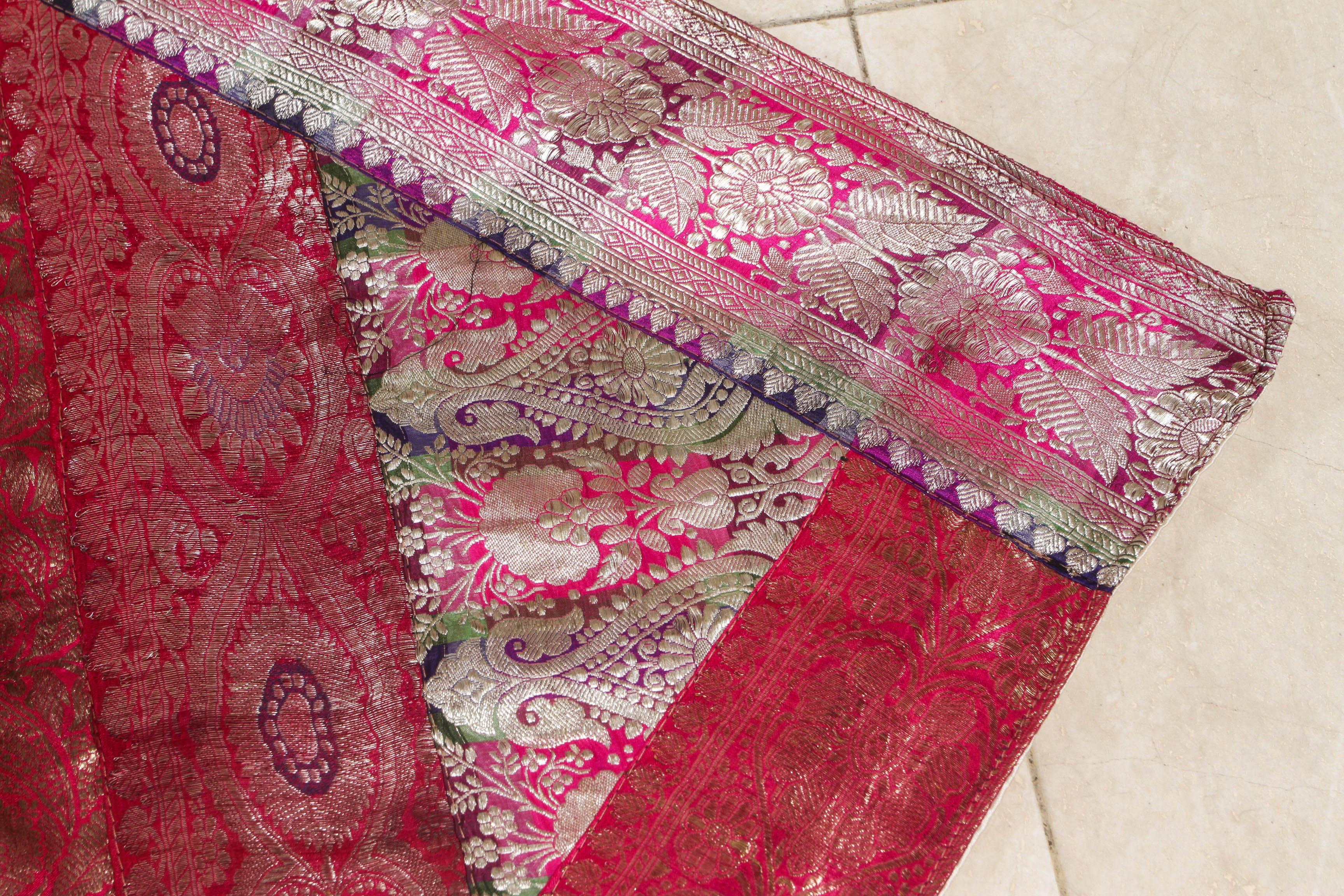 20th Century Moorish Silk Sari Tapestry Quilt Patchwork Bedcover Fuchsia Color