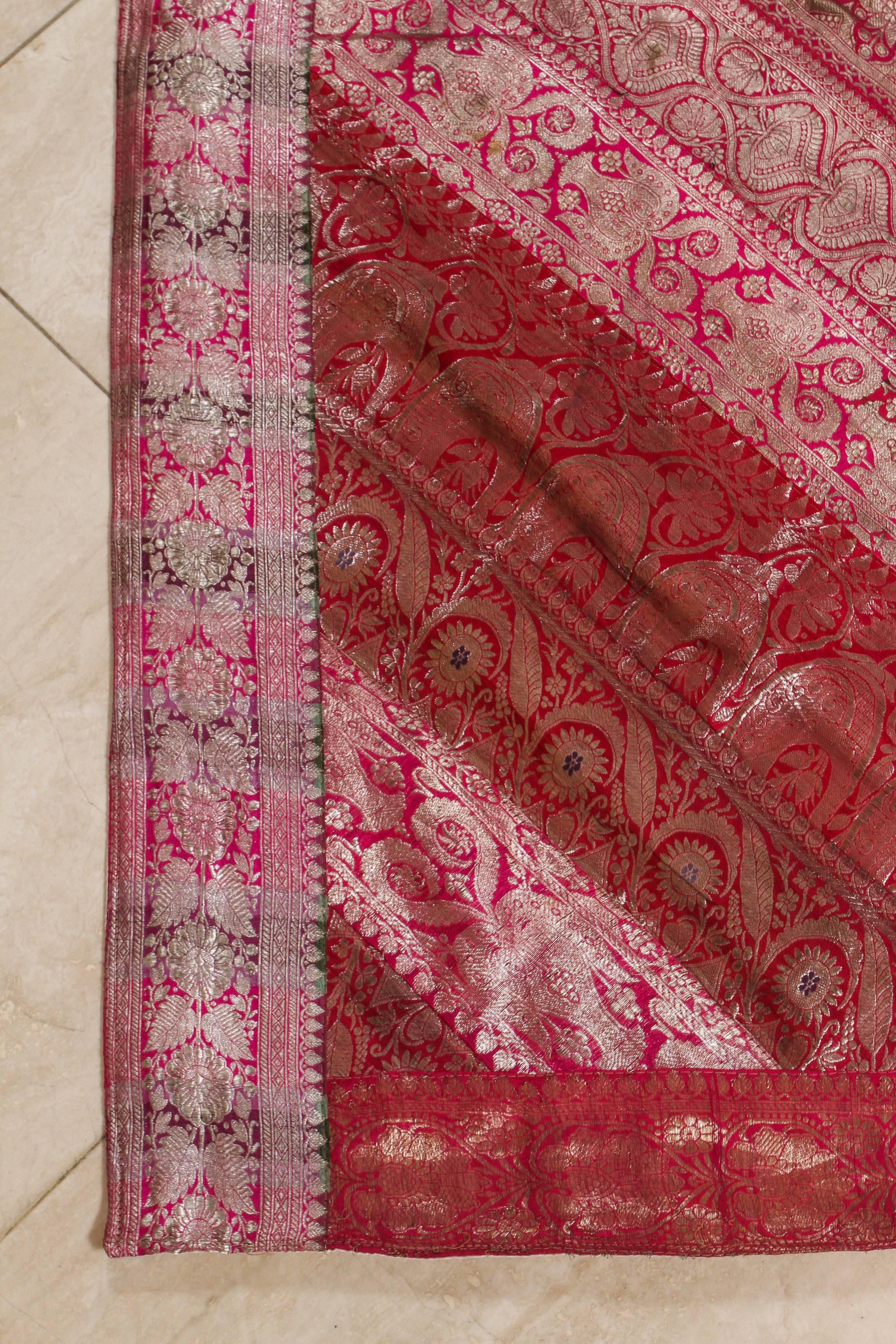 Moorish Silk Sari Tapestry Quilt Patchwork Bedcover Fuchsia Color 1