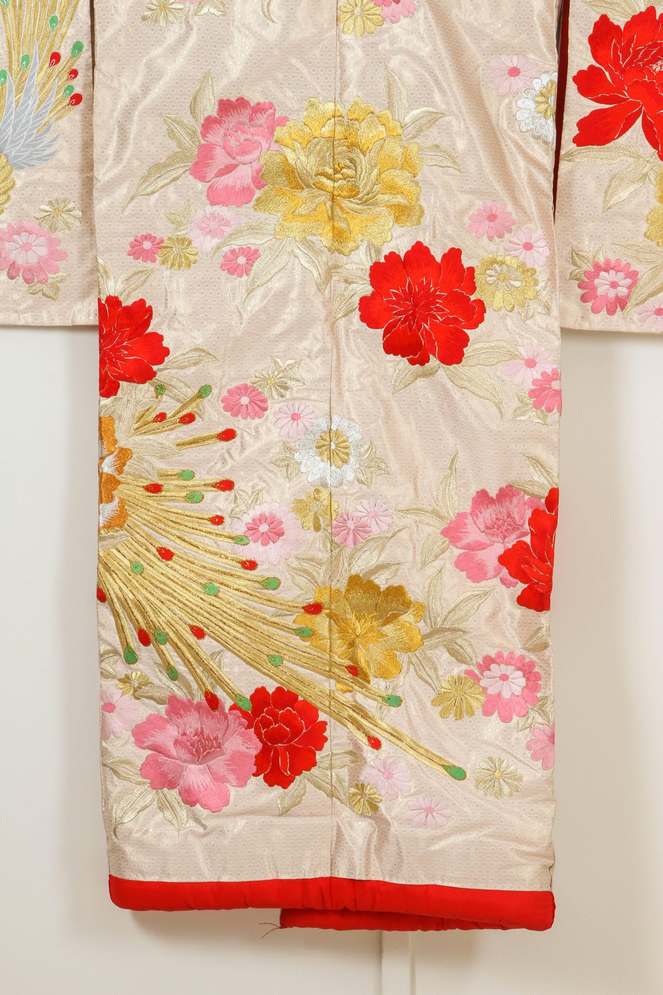 Embroidered  Vintage Japanese Ceremonial Kimono Gold Brocade with Flying Cranes For Sale