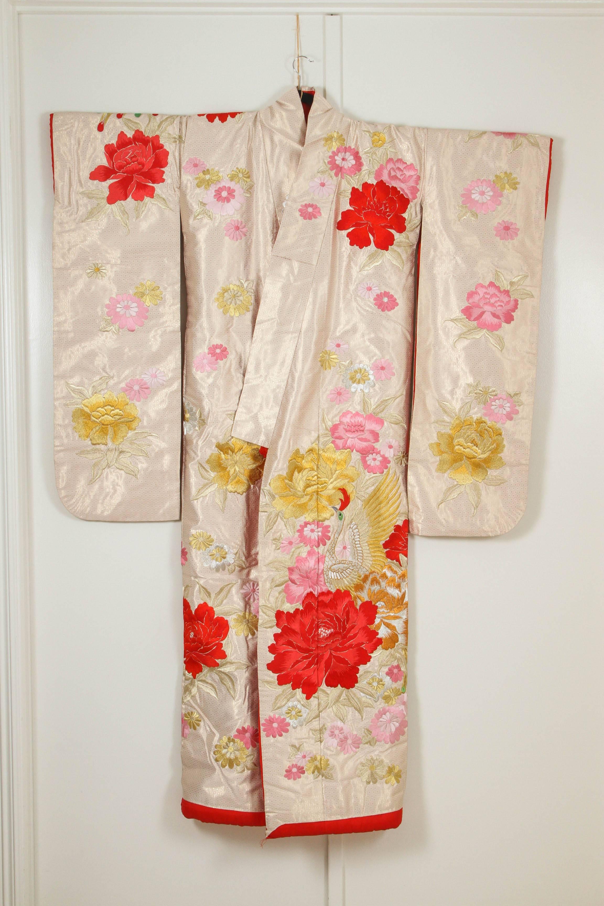 20th Century  Vintage Japanese Ceremonial Kimono Gold Brocade with Flying Cranes For Sale