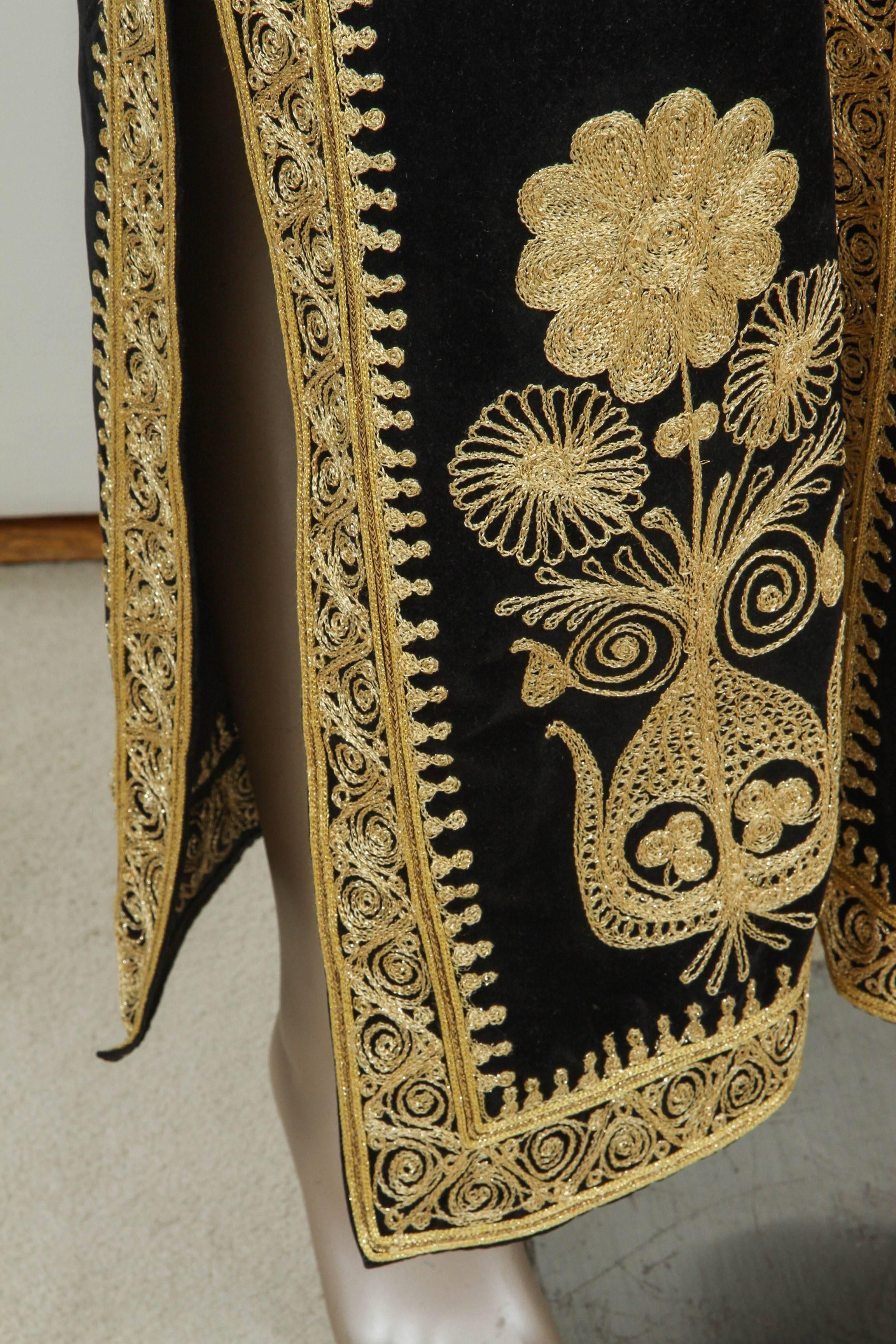Bohemian Moroccan Caftan, Black Kaftan Embroidered with Gold