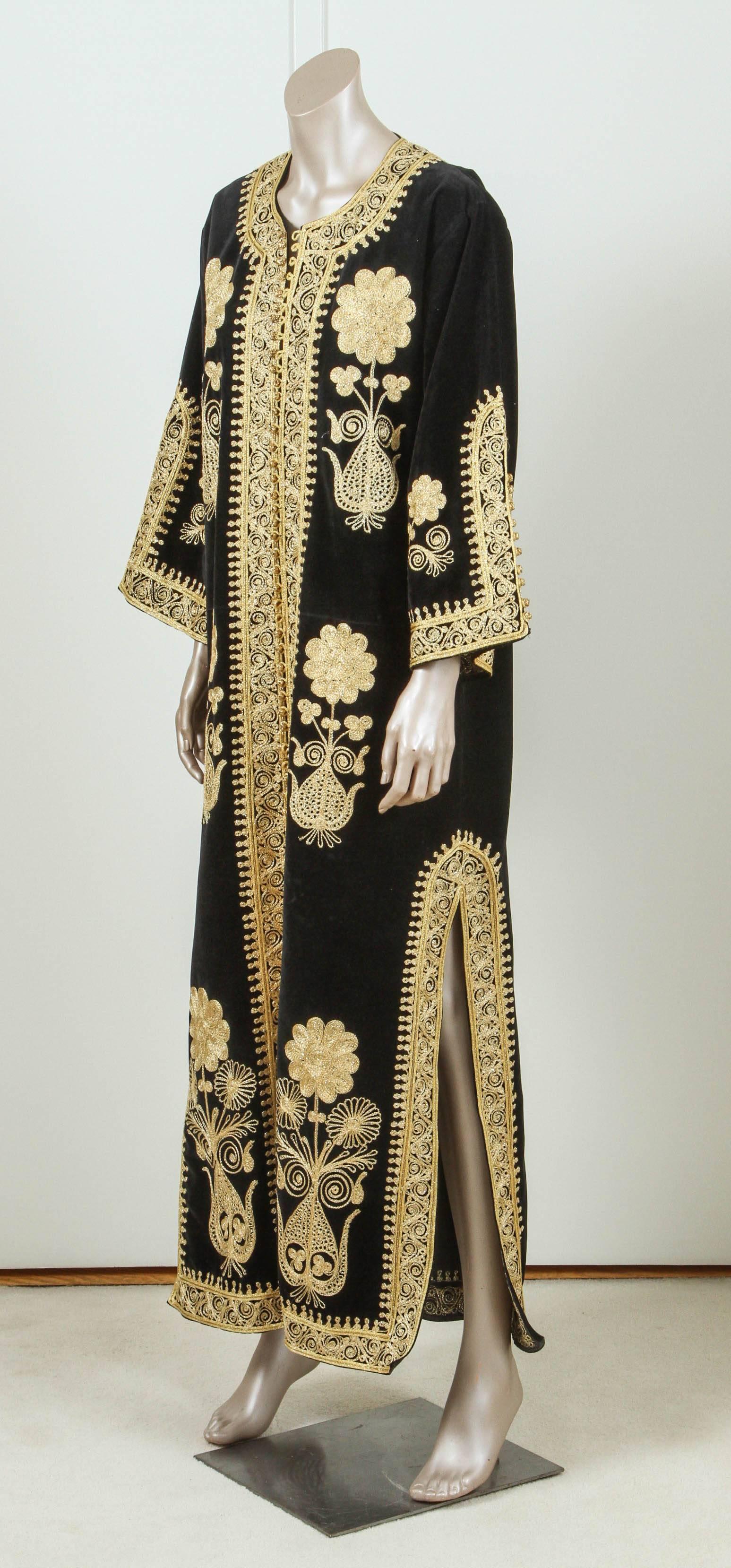 Hand-Crafted Moroccan Caftan, Black Kaftan Embroidered with Gold