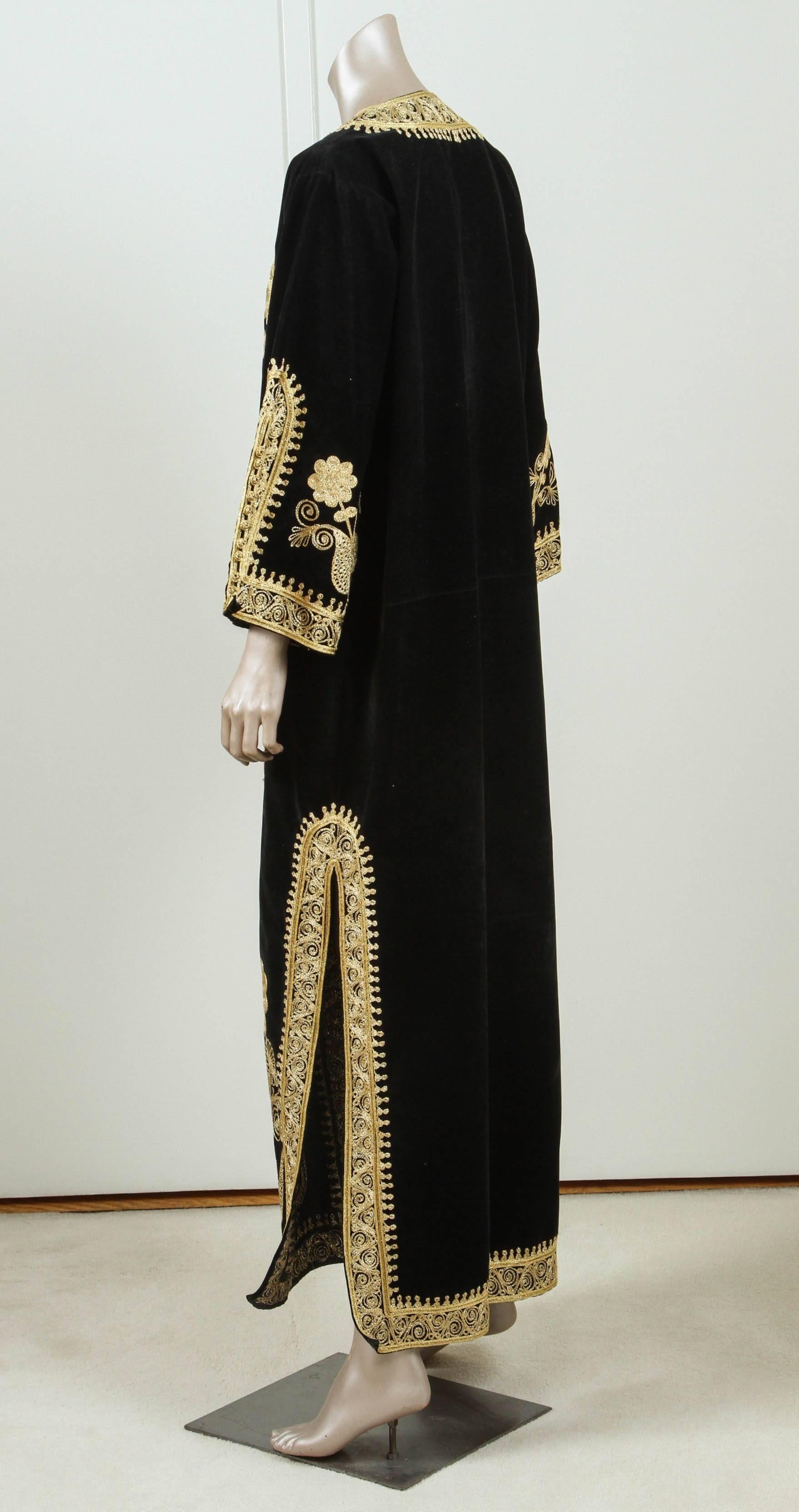 20th Century Moroccan Caftan, Black Kaftan Embroidered with Gold