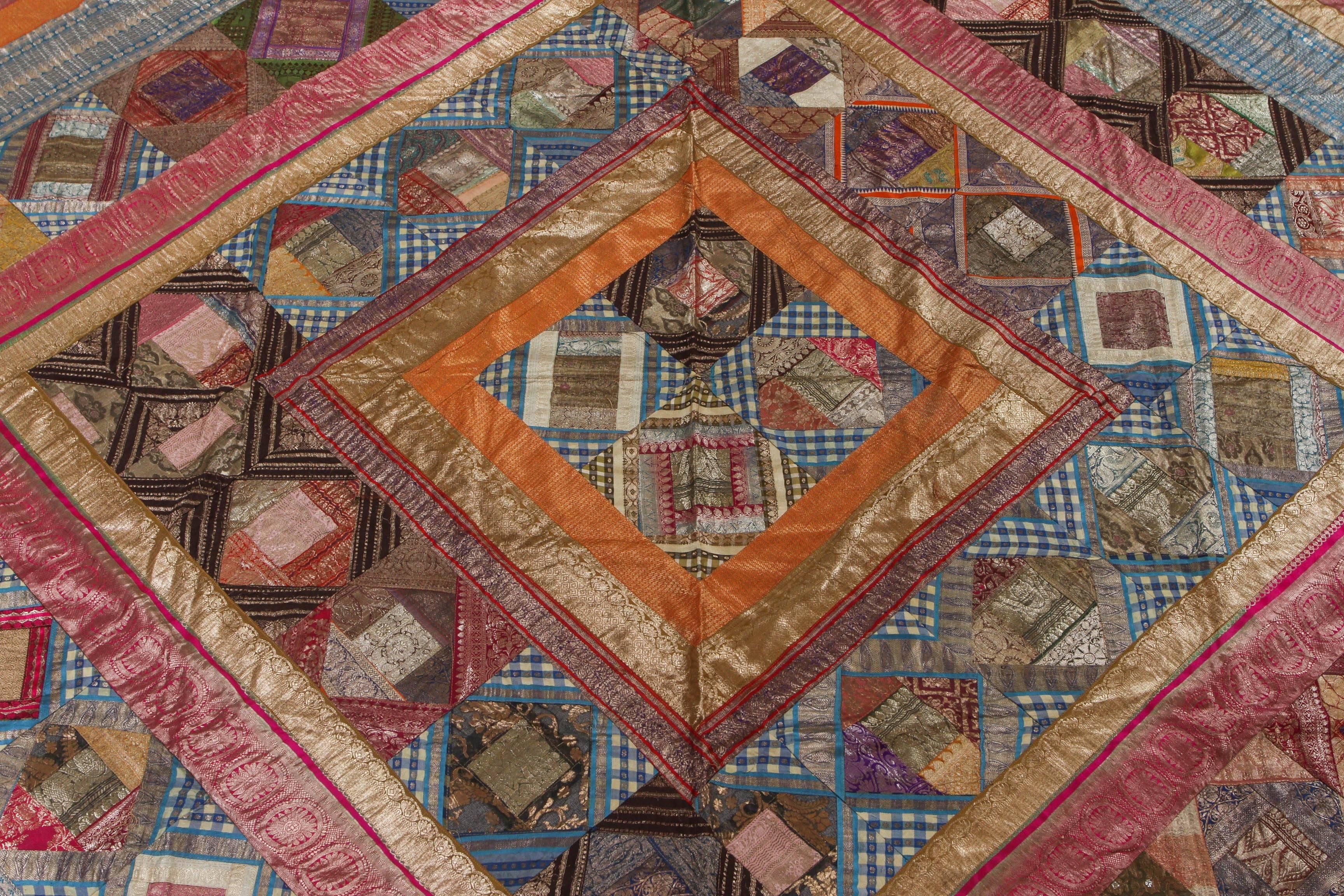 Anglo Raj Indian Silk Sari Tapestry Quilt Patchwork Bedcover