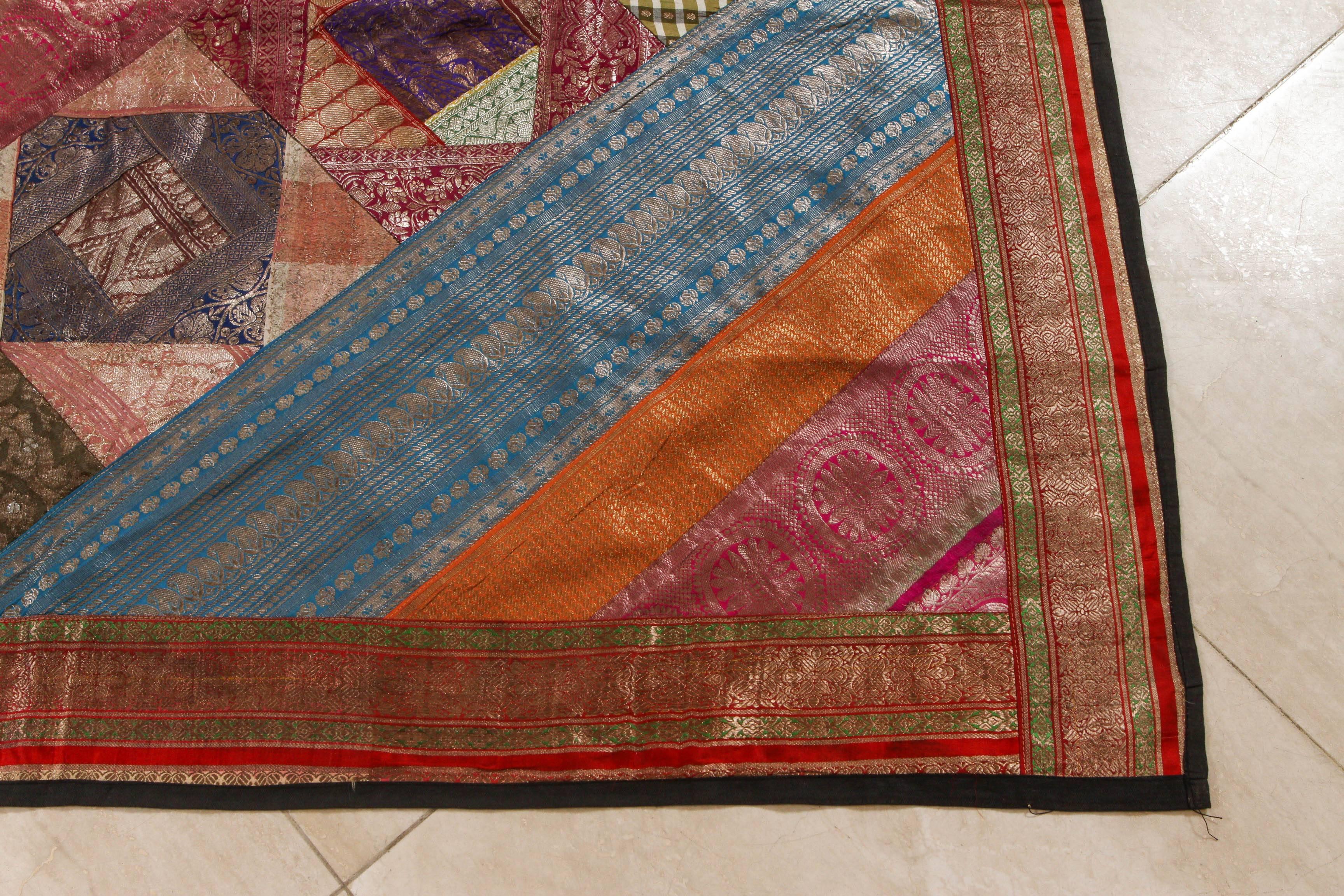 Hand-Crafted Indian Silk Sari Tapestry Quilt Patchwork Bedcover