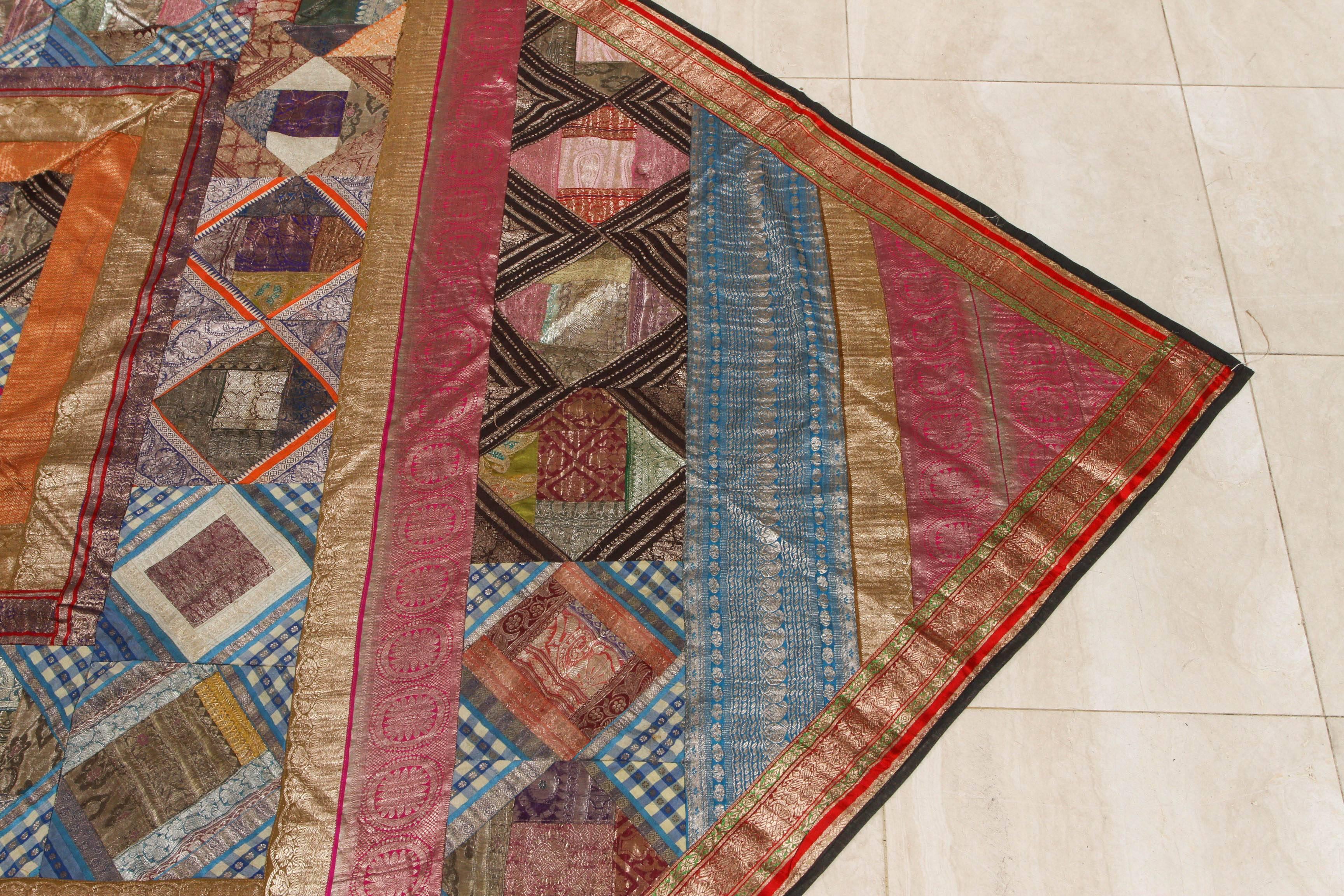 Indian Silk Sari Tapestry Quilt Patchwork Bedcover In Good Condition In North Hollywood, CA