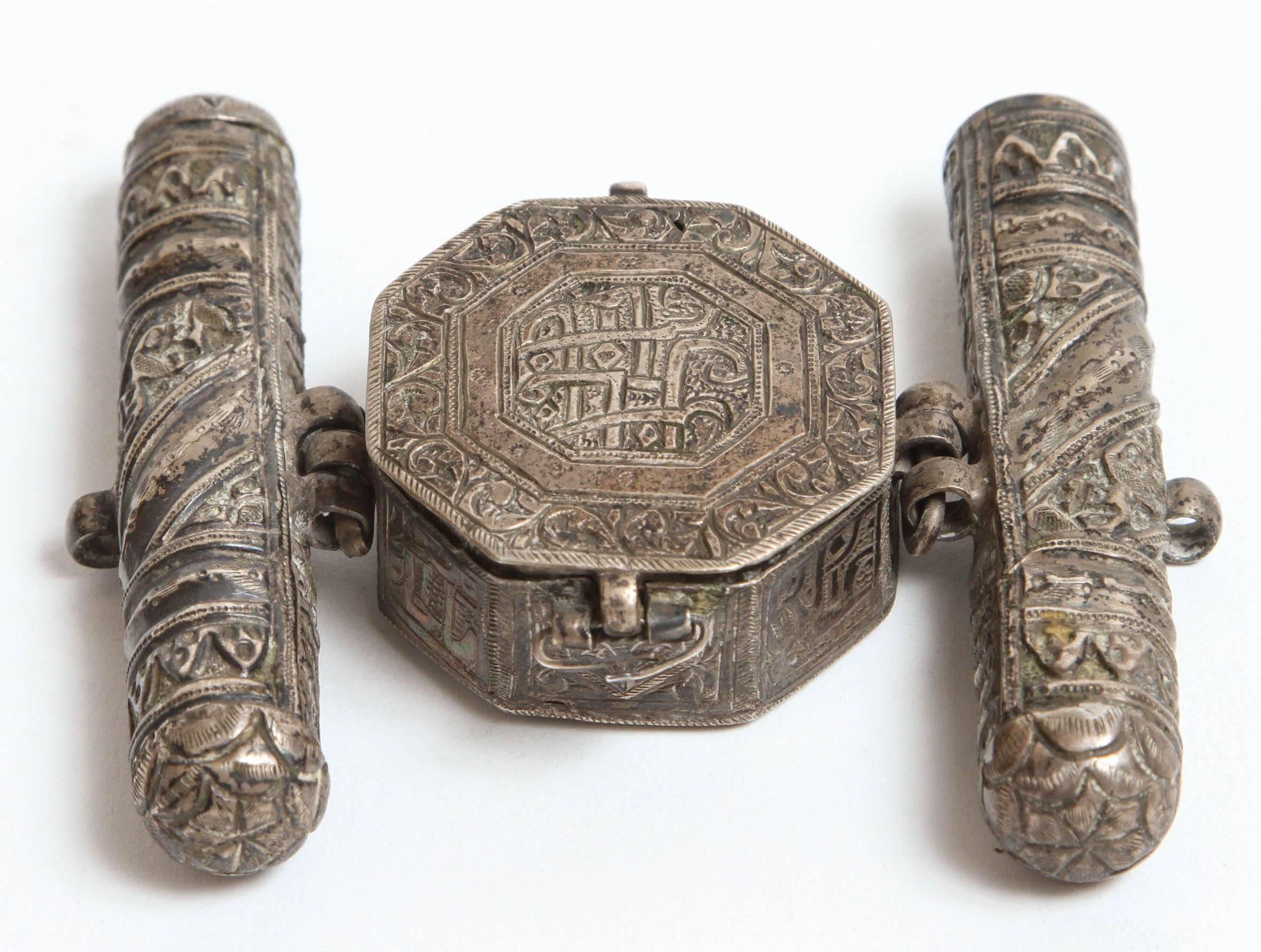 Hand-Carved 19th Century Silver Repousse Islamic Talisman Miniature Holder