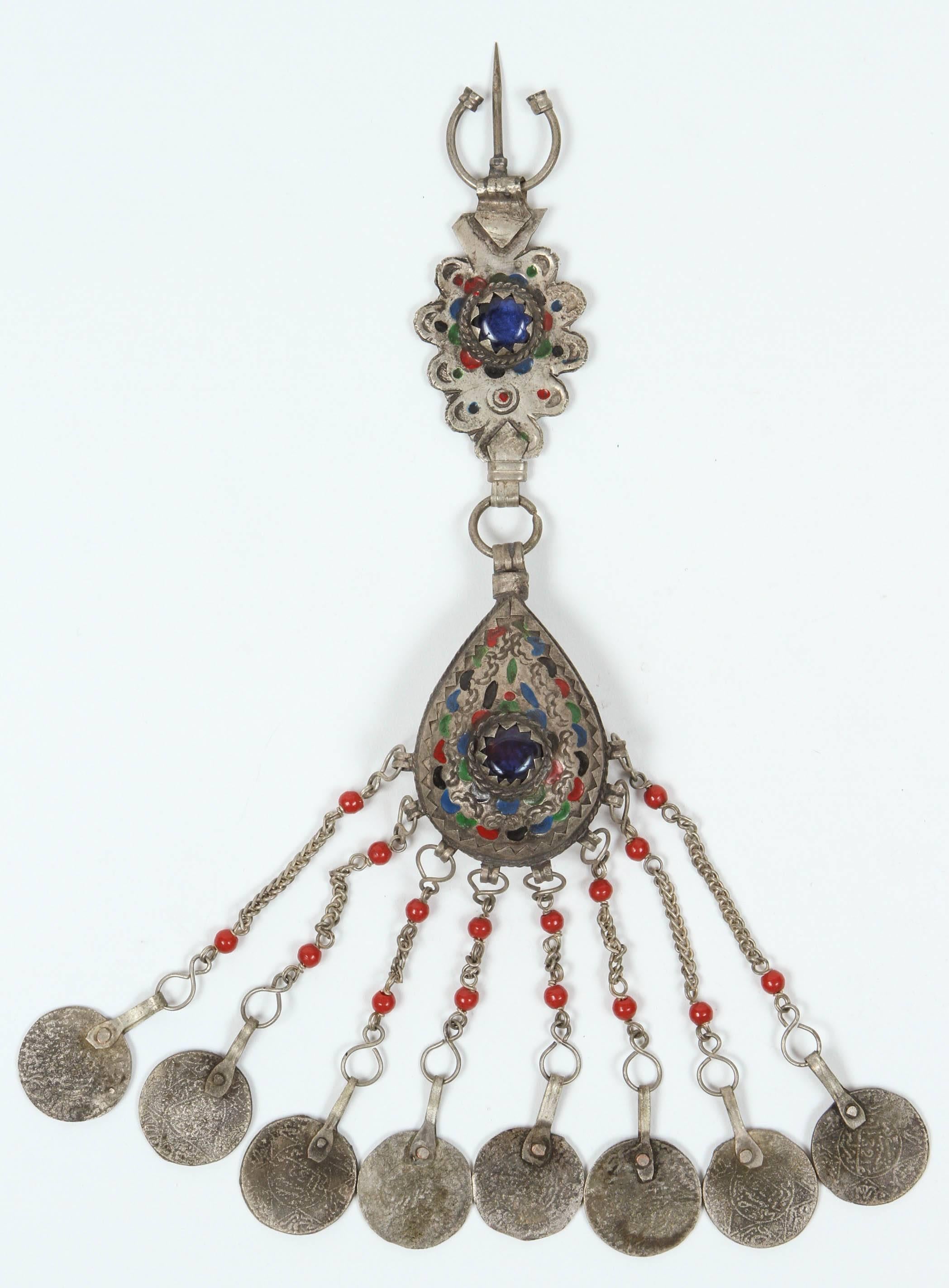 Beautiful pair of vintage Middle Eastern tribal fibulas. 
A fibula was used to close a woman's veil in the Middle East and Africa.
Handcrafted by Berber and Nomadic Women from the High Atlas of Morocco.
Made of Moroccan silver ( not sterling) and