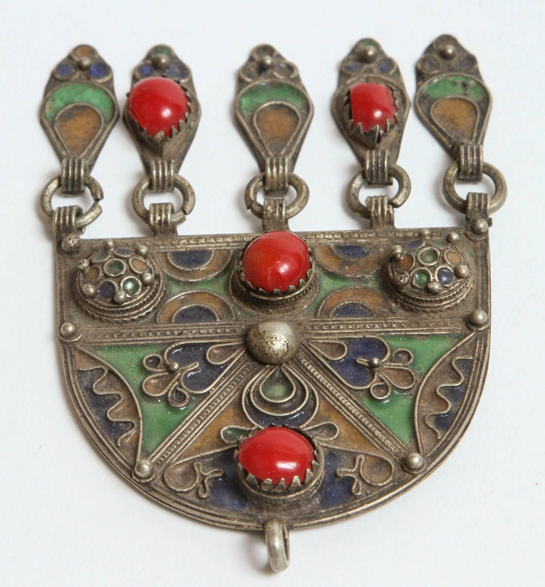 Enameled Vintage Moroccan Pendant Fibula Pin Brooch For Sale