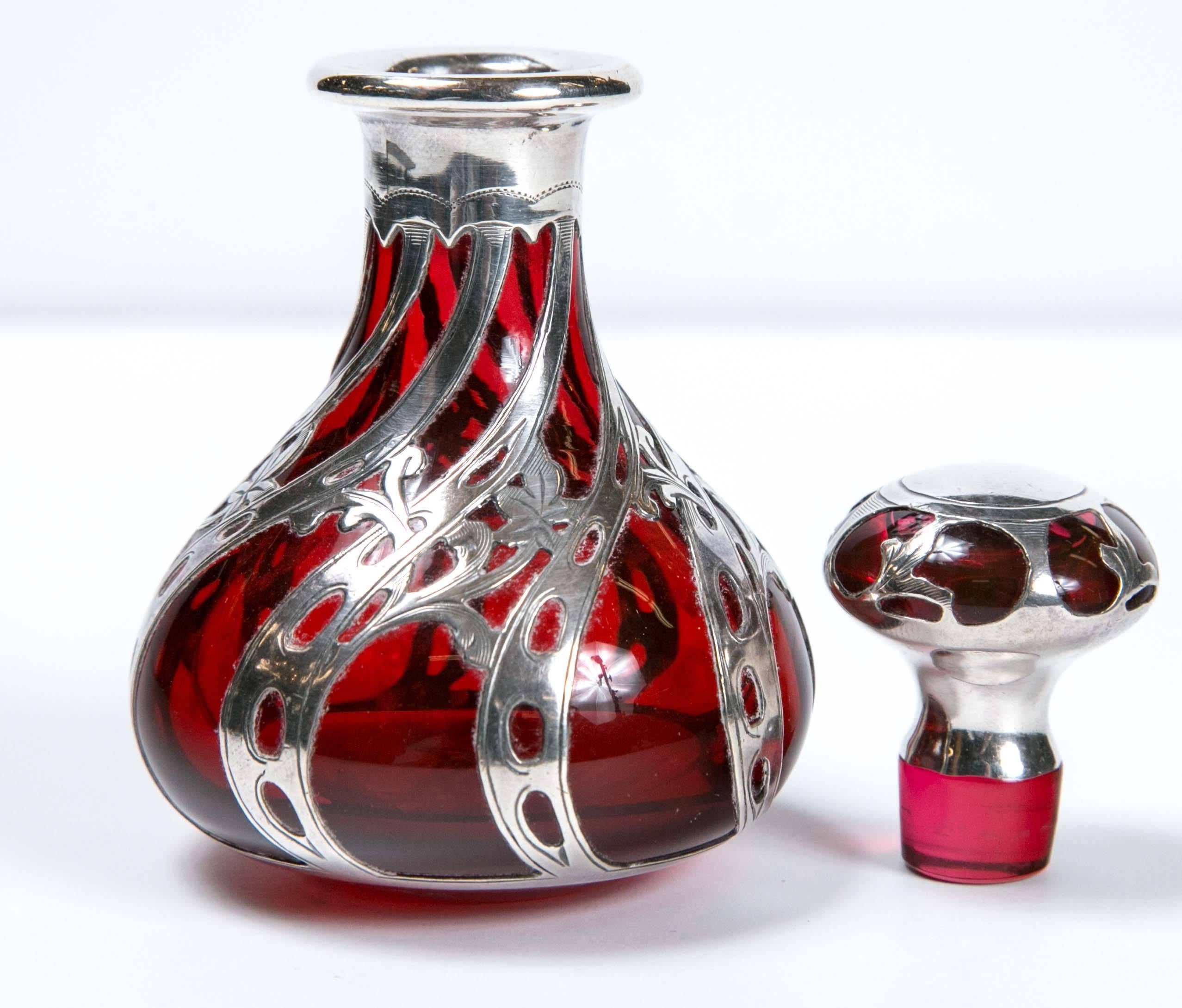 North American Antique American Sterling Silver Overlay Ruby Red Perfume Bottle