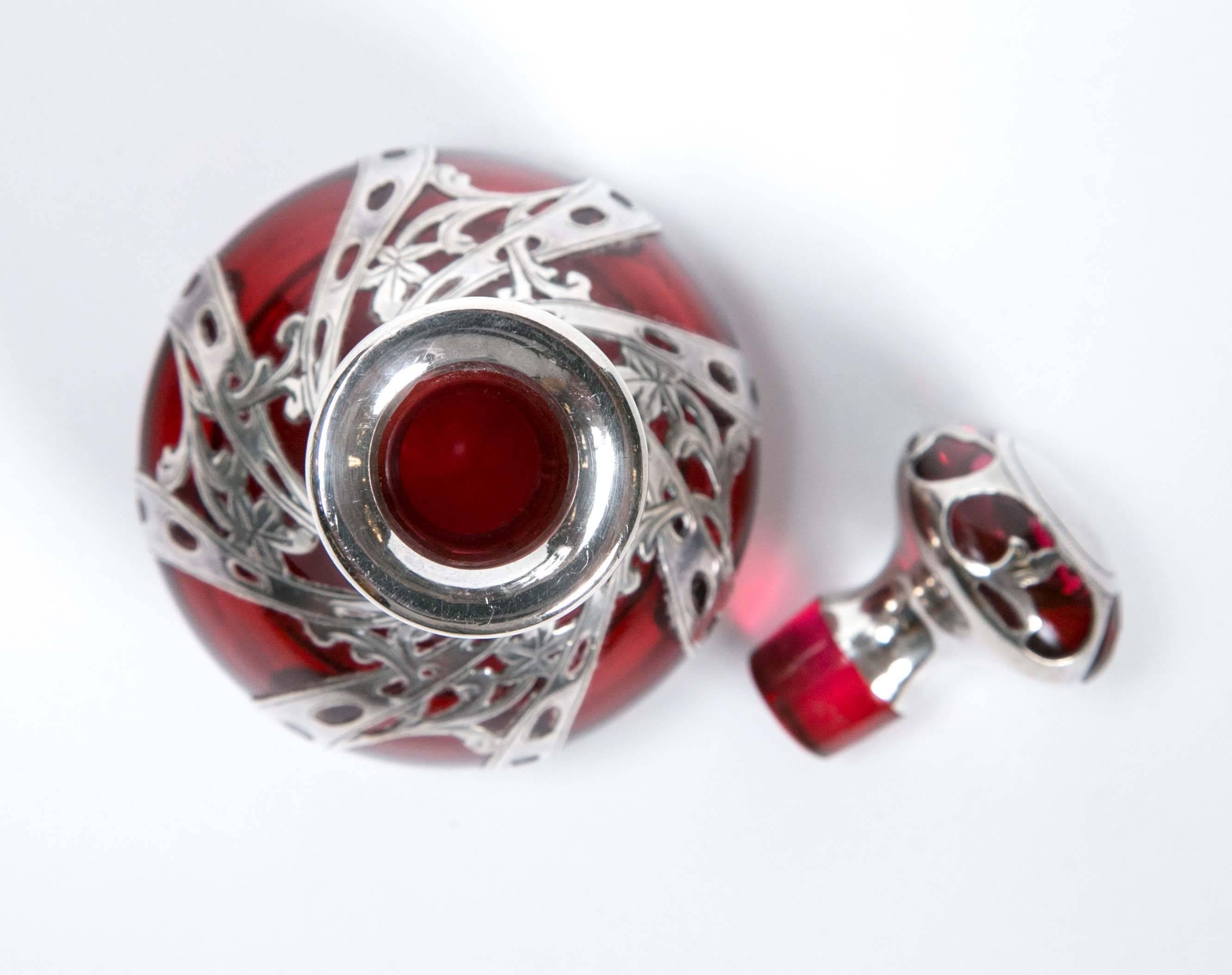 Early 20th Century Antique American Sterling Silver Overlay Ruby Red Perfume Bottle