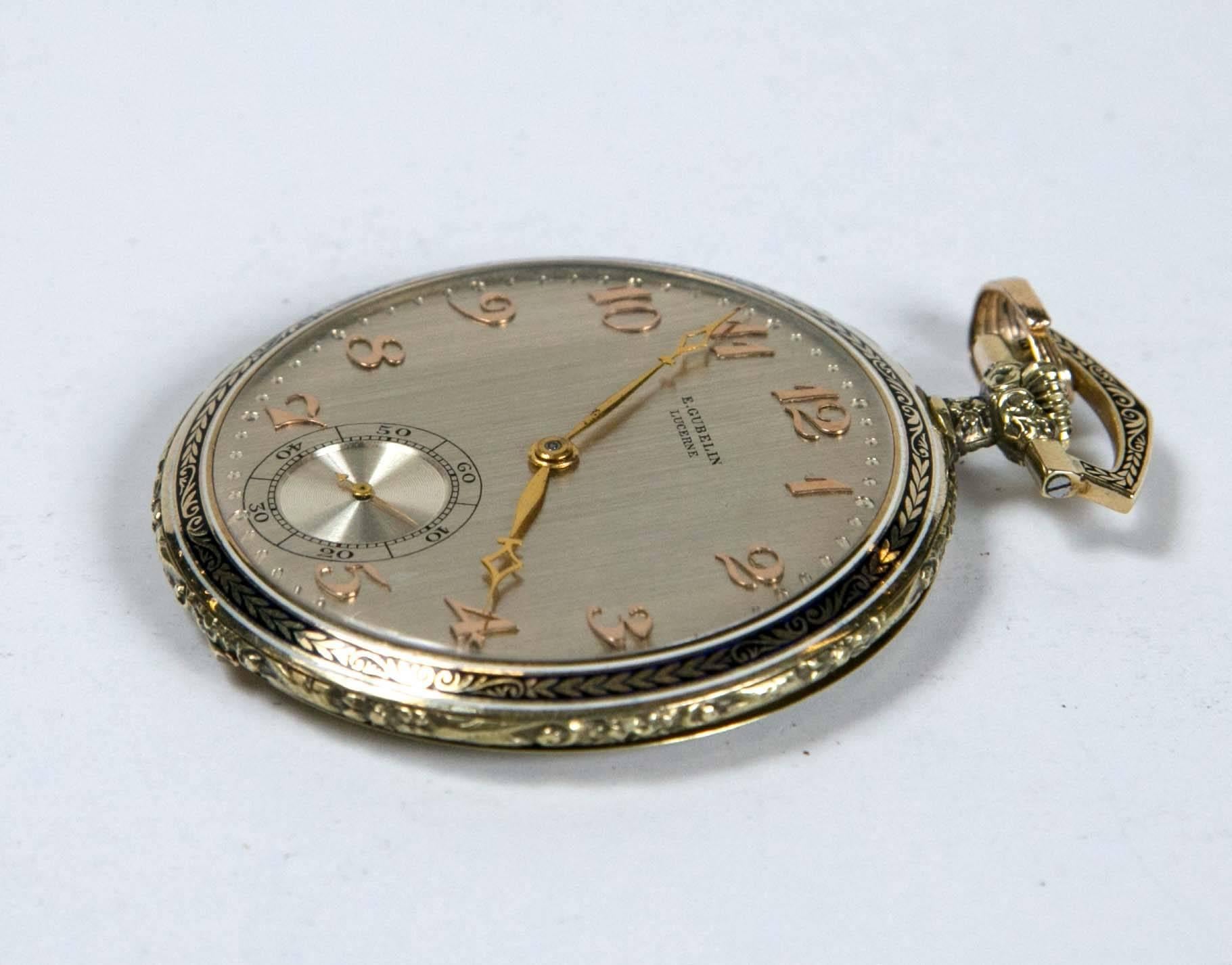 Antique Swiss pocket watch, E Gubelin pocket watch. 16 Jewel and monogrammed as shown. In working condition. A jeweler can remove the monogram. The bale is also 14-karat yellow gold. It is 1.75