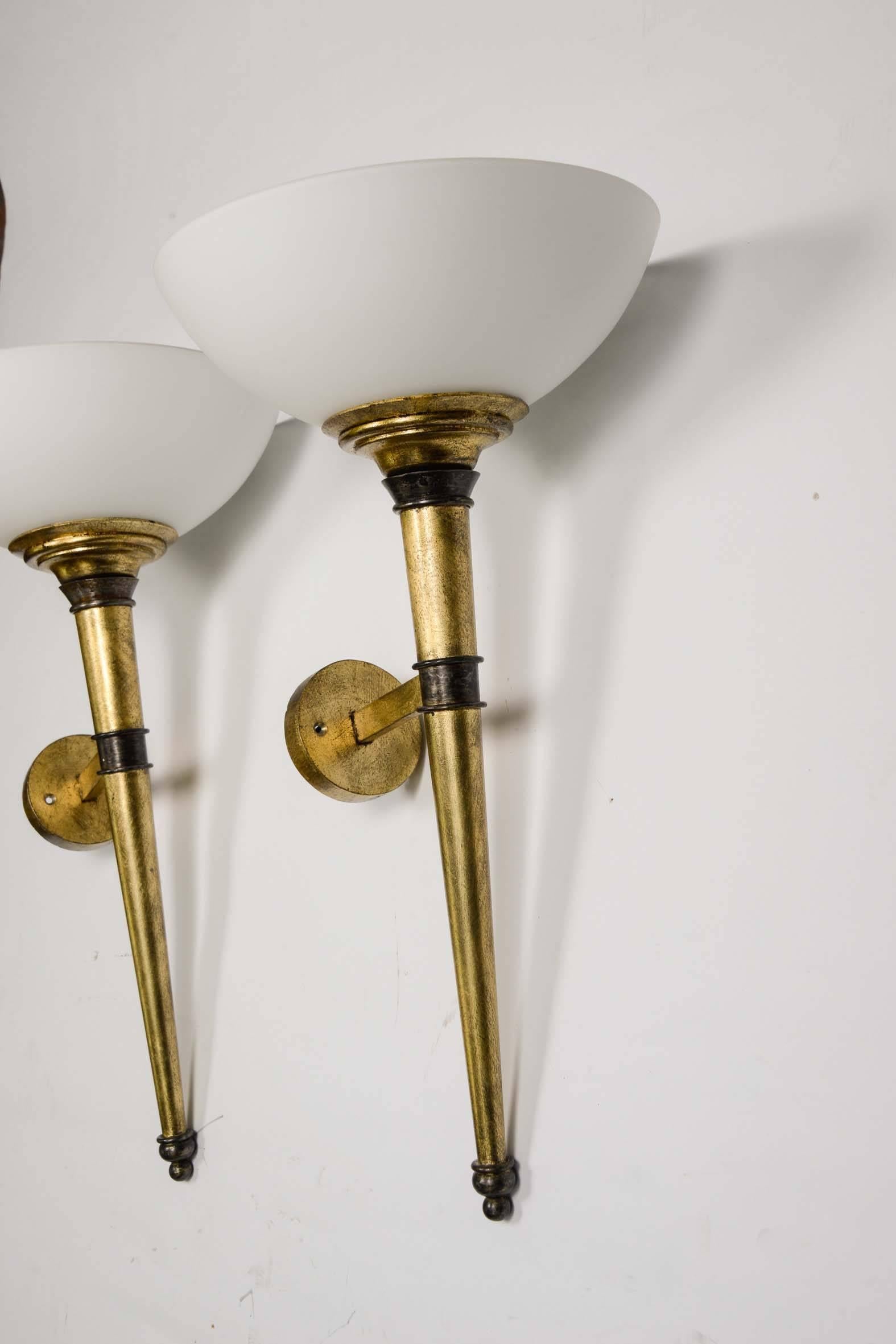 French Set of Four Wall Sconces, Arms in Bronze with Gold Foil, Cup in White Glass