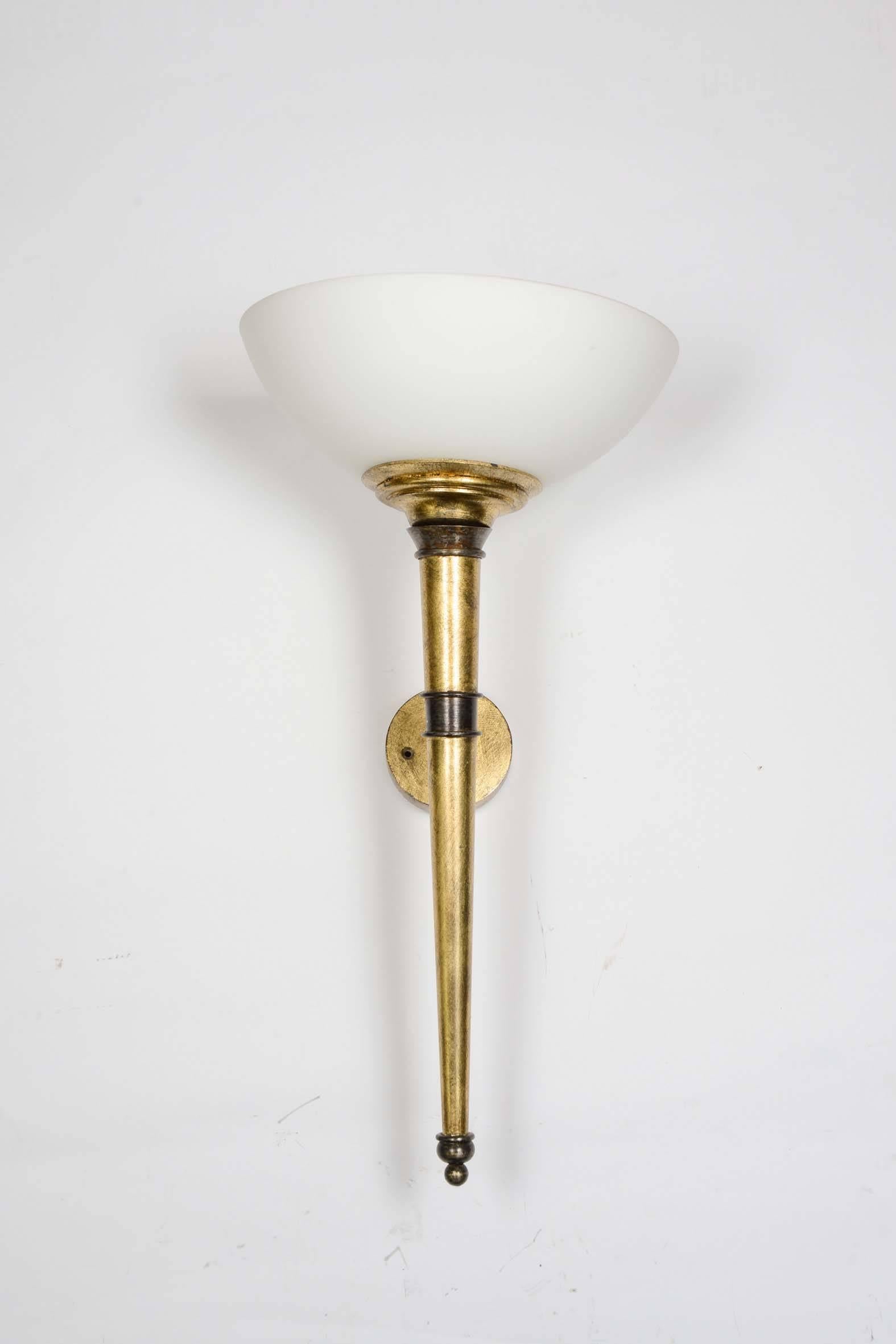 Set of Four Wall Sconces, Arms in Bronze with Gold Foil, Cup in White Glass In Excellent Condition In Saint ouen, FR