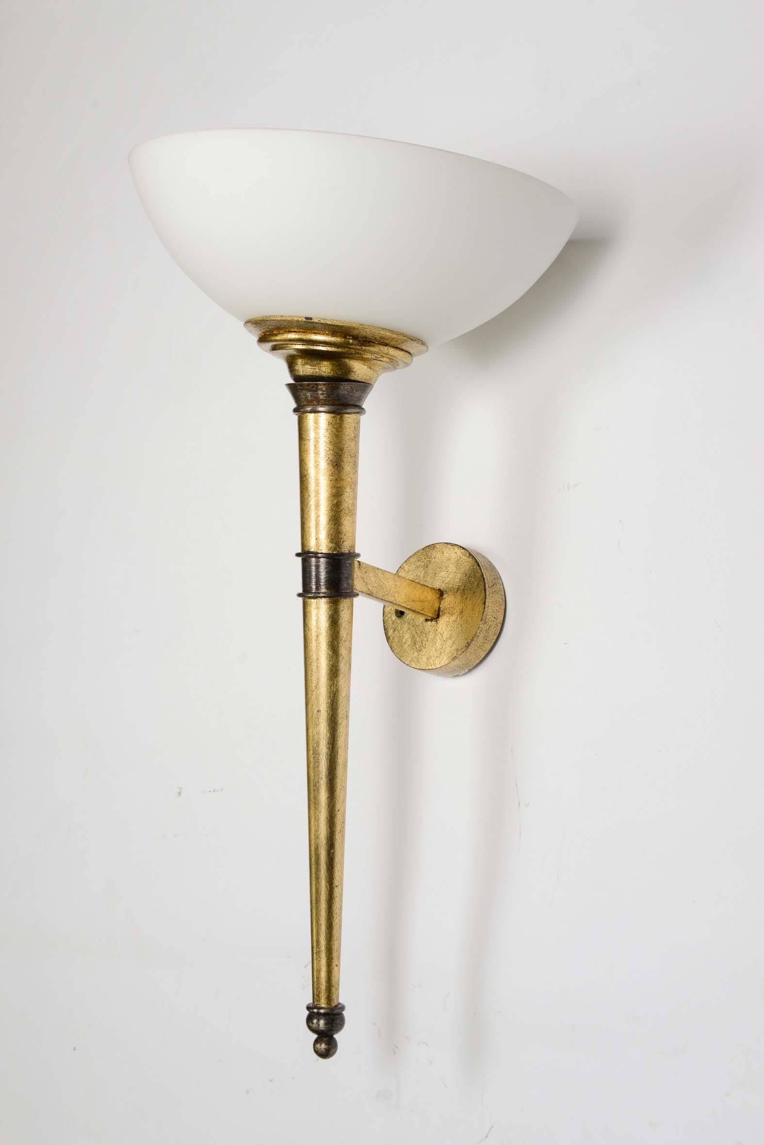 Late 20th Century Set of Four Wall Sconces, Arms in Bronze with Gold Foil, Cup in White Glass