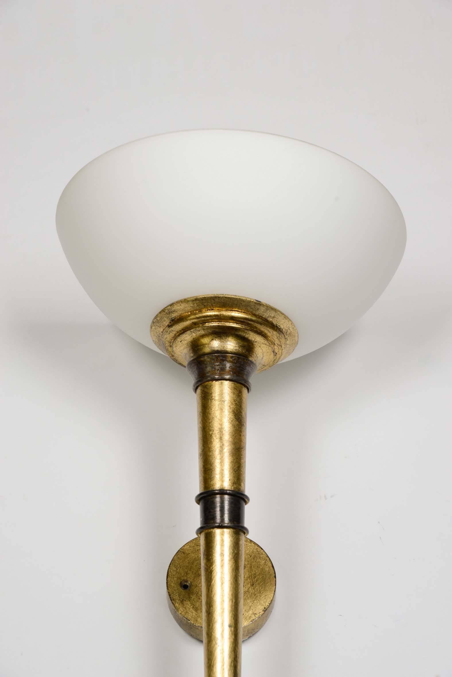 Set of Four Wall Sconces, Arms in Bronze with Gold Foil, Cup in White Glass 1