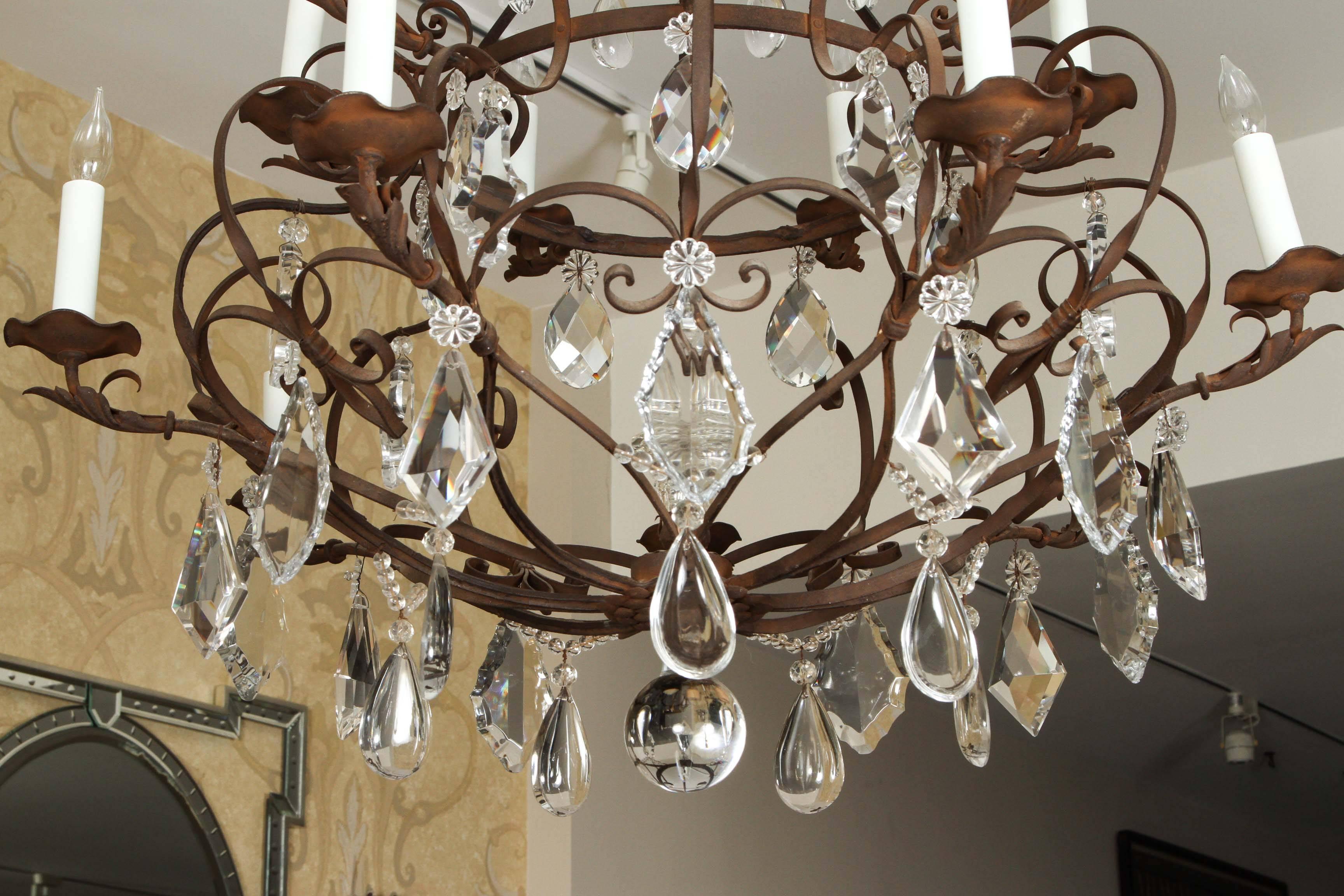 Grand Fourteen-Light Iron and Crystal Chandelier In Good Condition For Sale In Los Angeles, CA