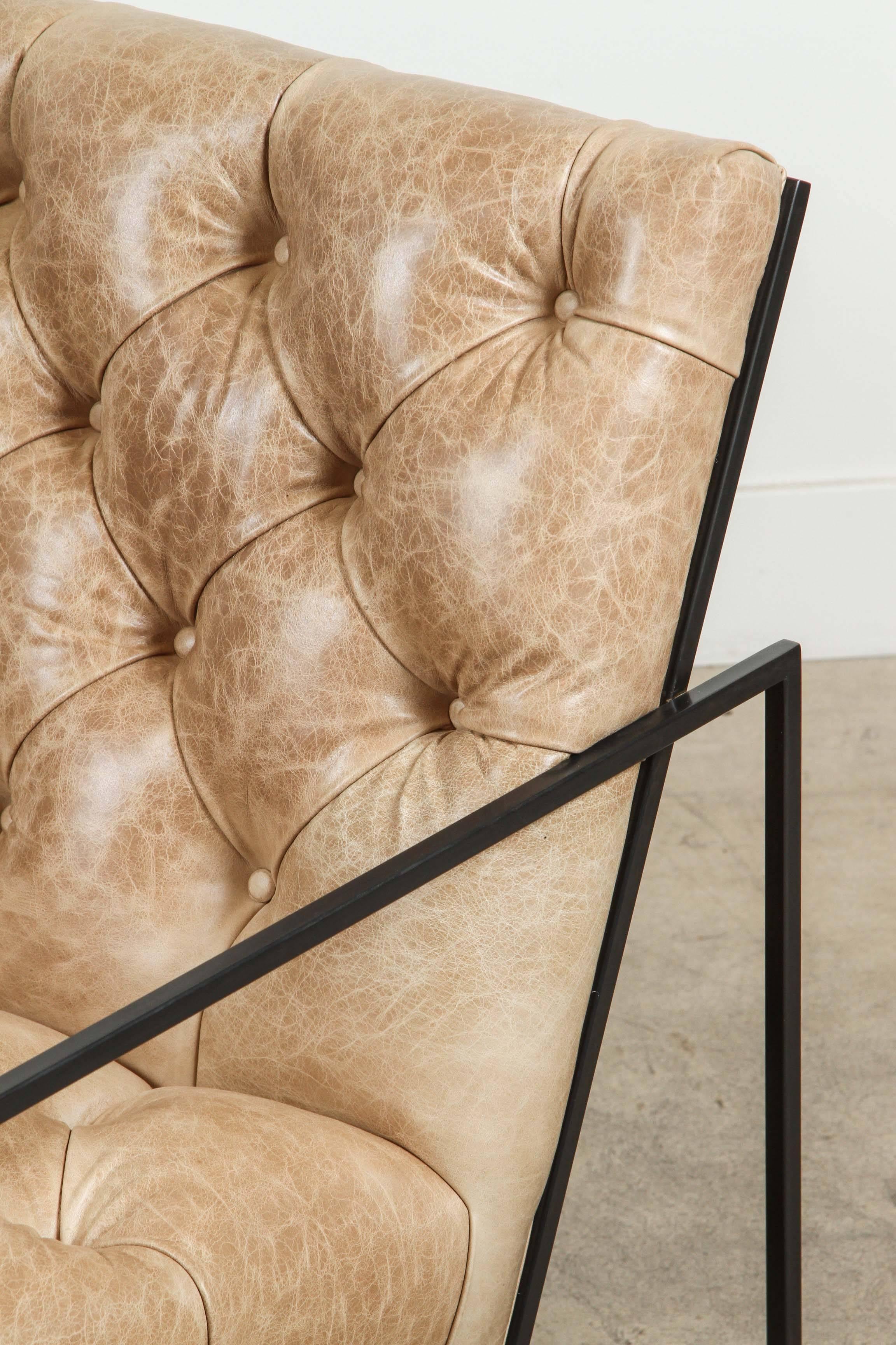Leather Pair of Tufted Thin Frame Lounge Chair by Lawson-Fenning