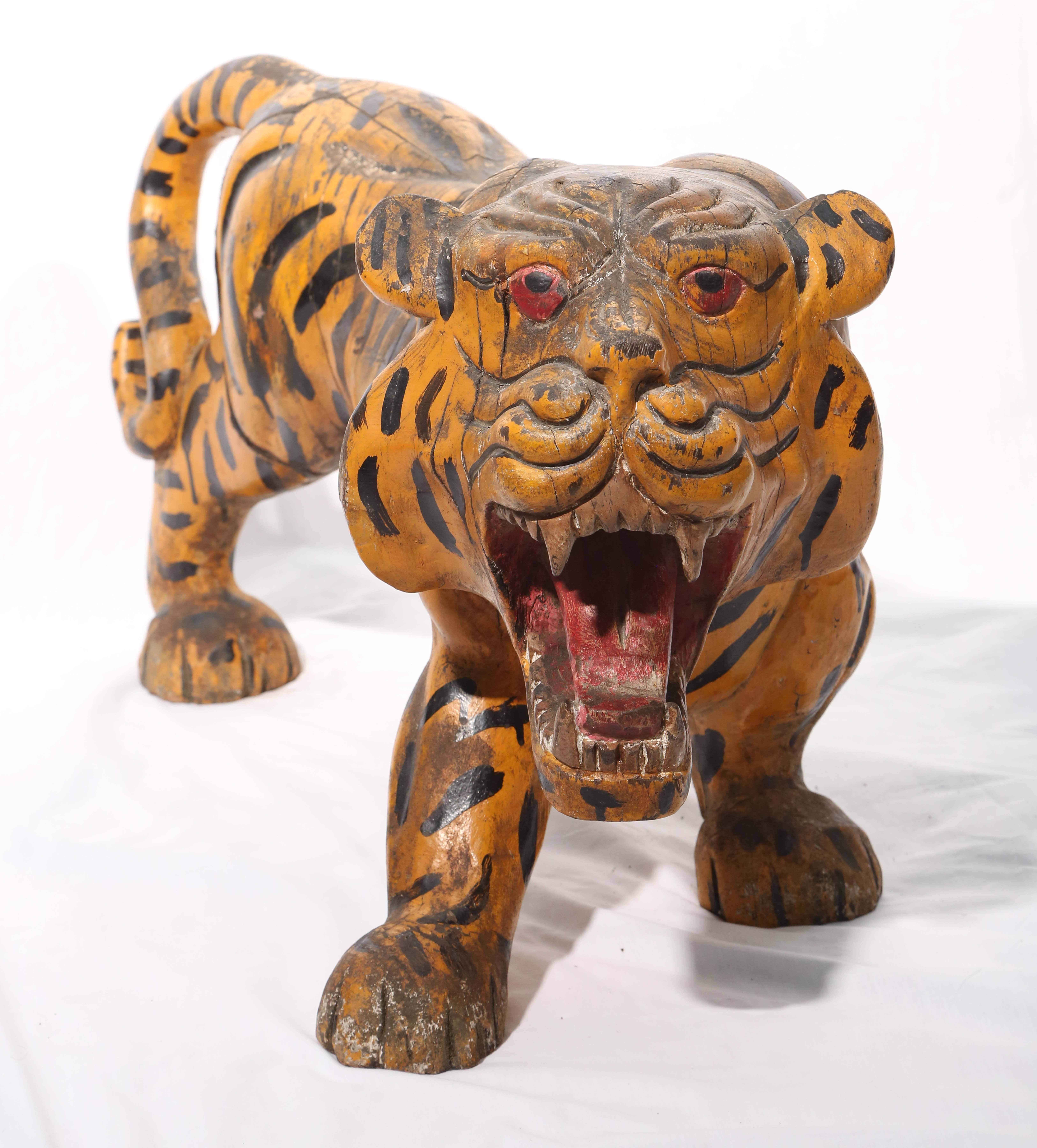 Hand-Carved Sensational Pair of 19th Century Anglo-Indian Figure of Tigers