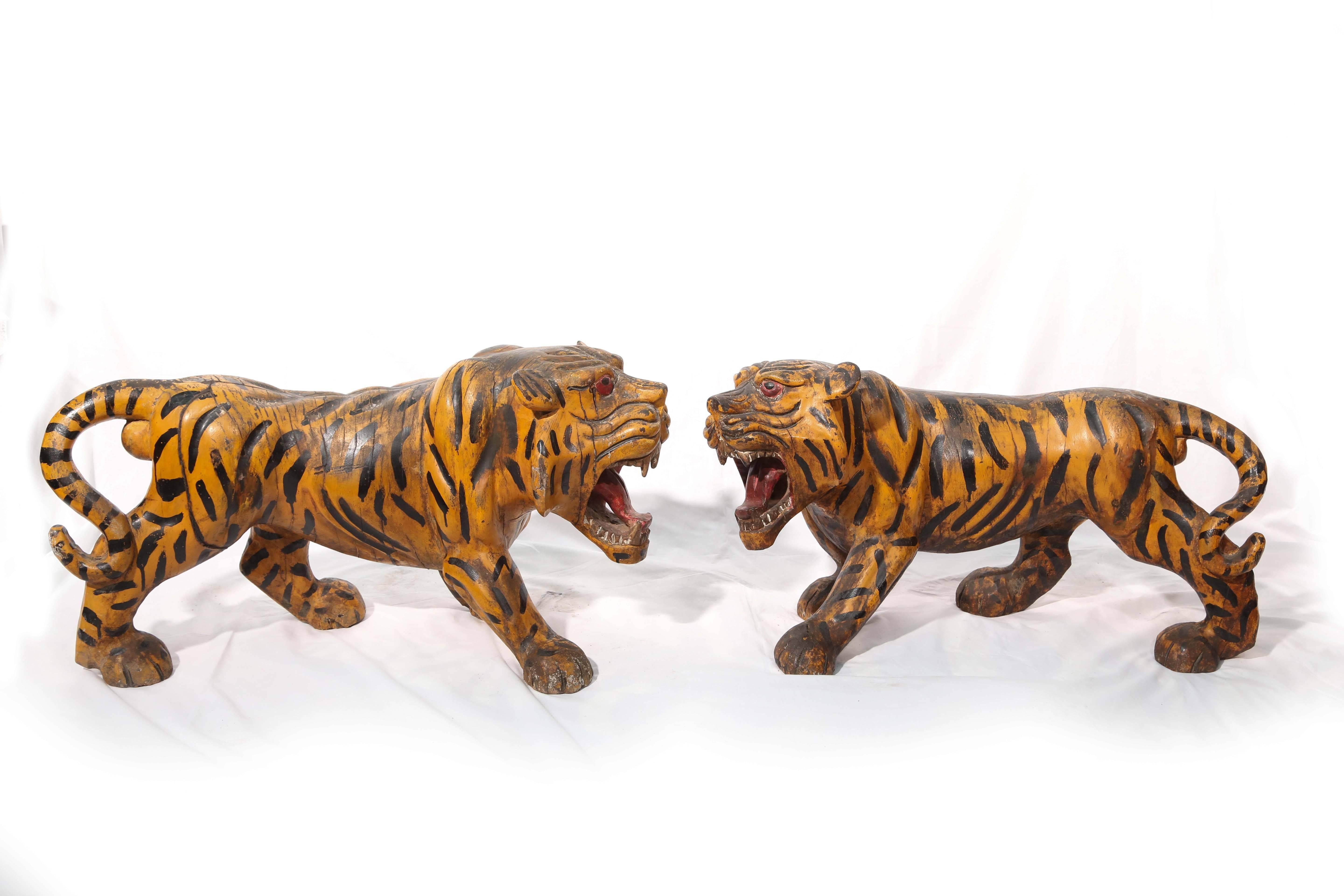 Sensational Pair of 19th Century Anglo-Indian Figure of Tigers In Good Condition In West Palm Beach, FL
