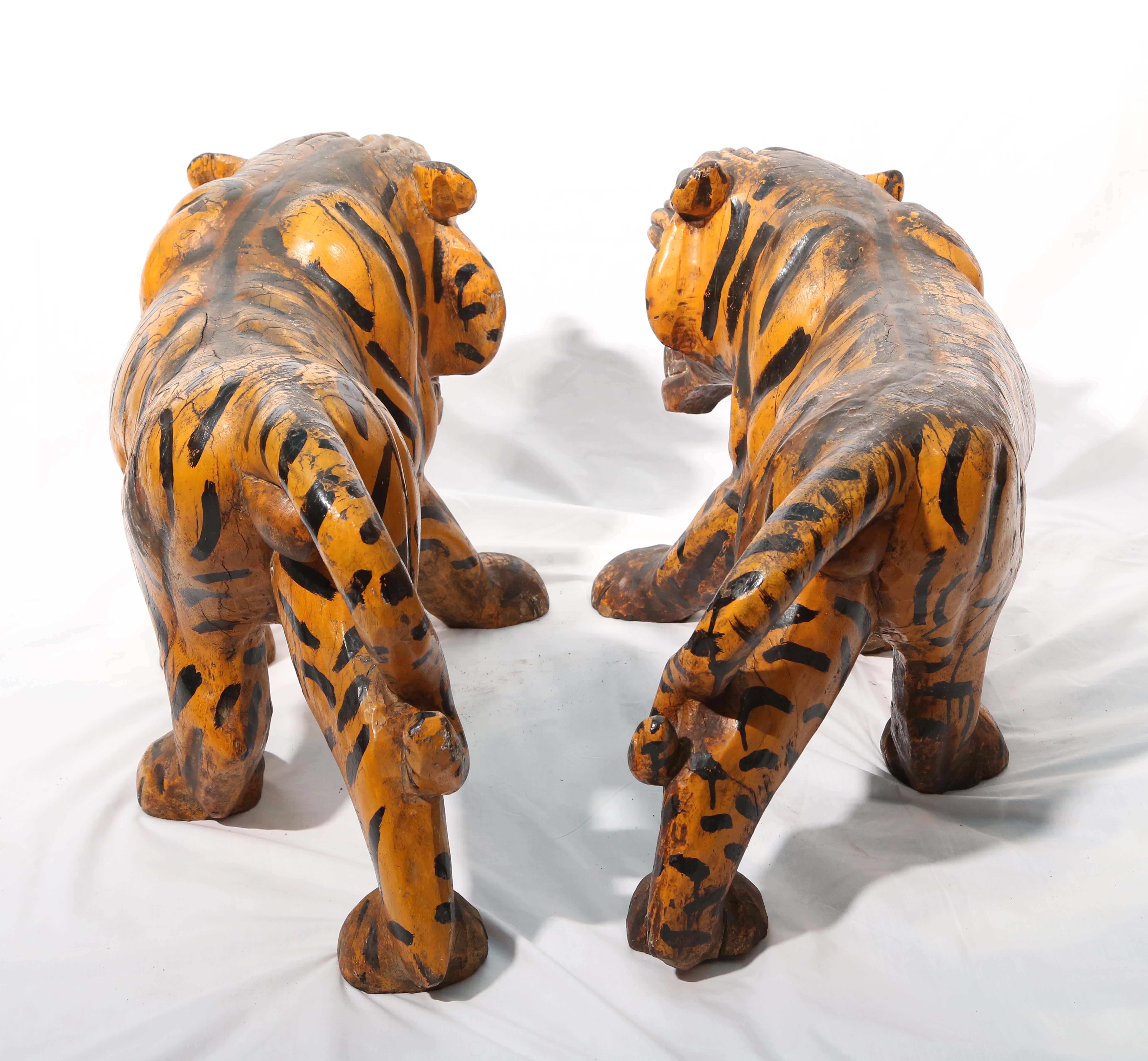 Wood Sensational Pair of 19th Century Anglo-Indian Figure of Tigers
