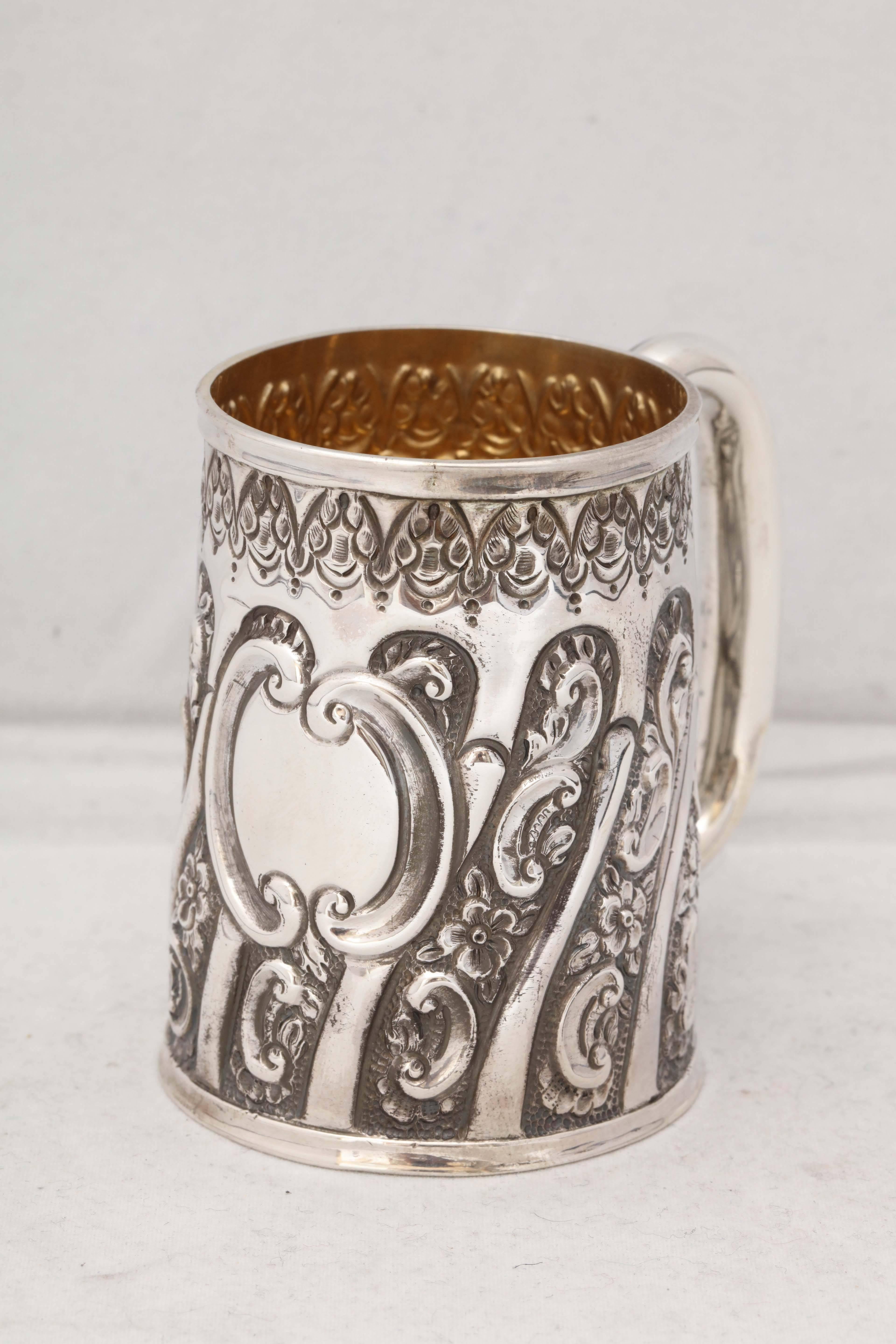 Victorian, sterling silver baby cup, Birmingham, England, 1892, Hayes Bros. (William and Harry Hayes) - makers. Lovely, swirled design. Gilded interior; vacant cartouche. @3