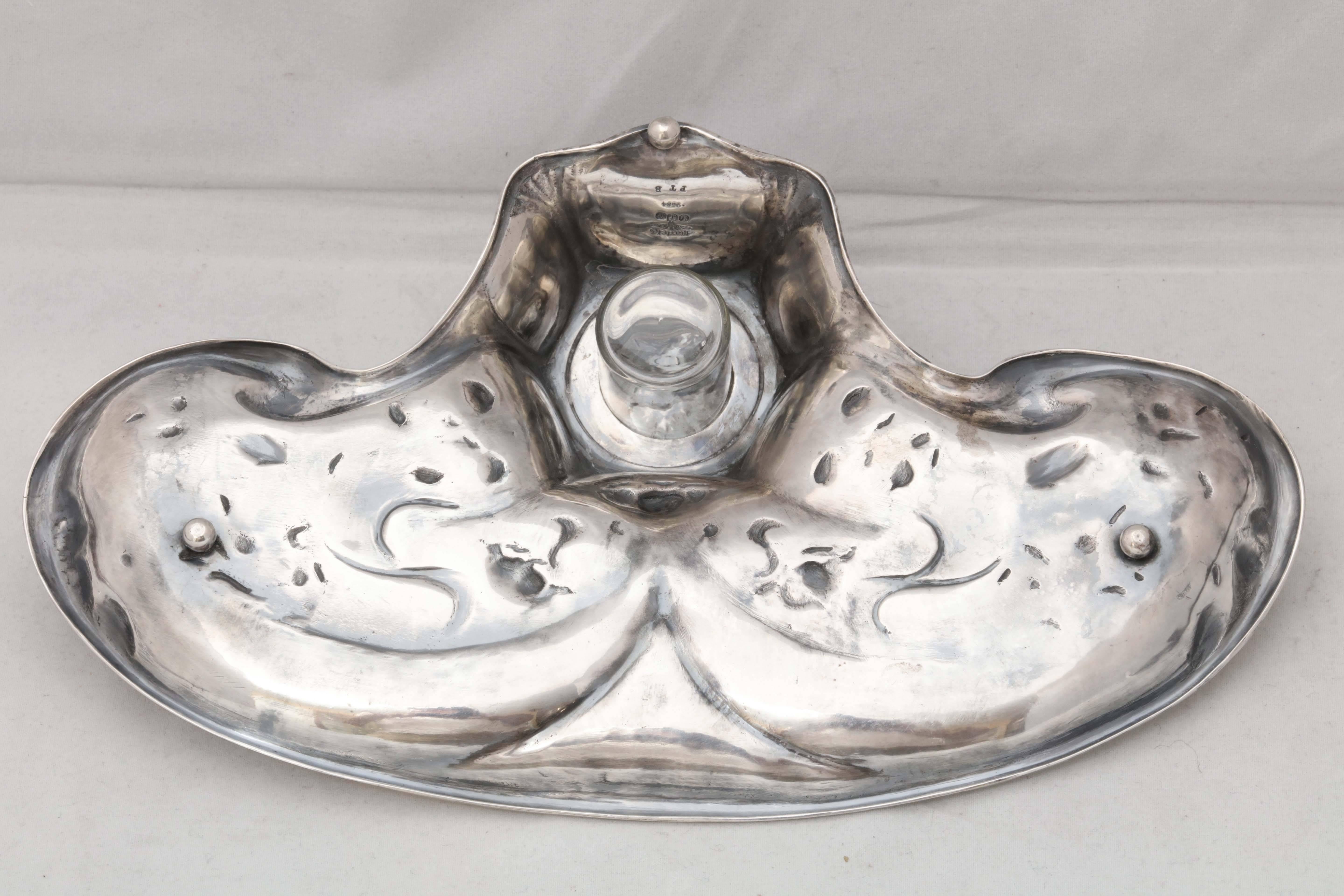 Late 19th Century Rare Sterling Silver Art Nouveau Gorham Martele Footed Inkstand with Hinged Lid For Sale