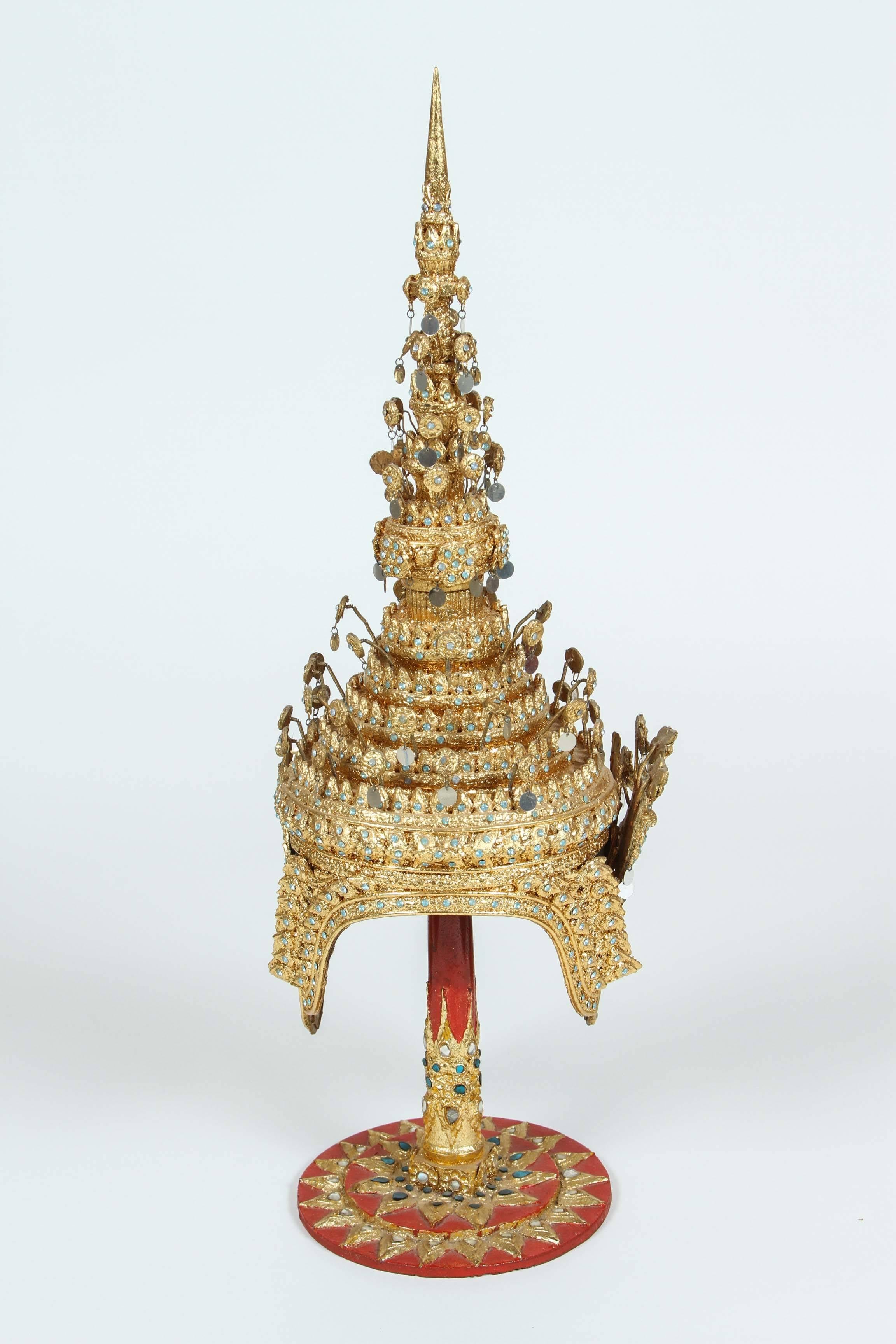 Folk Art Gilt Ceremonial Thai Headdress on Stand