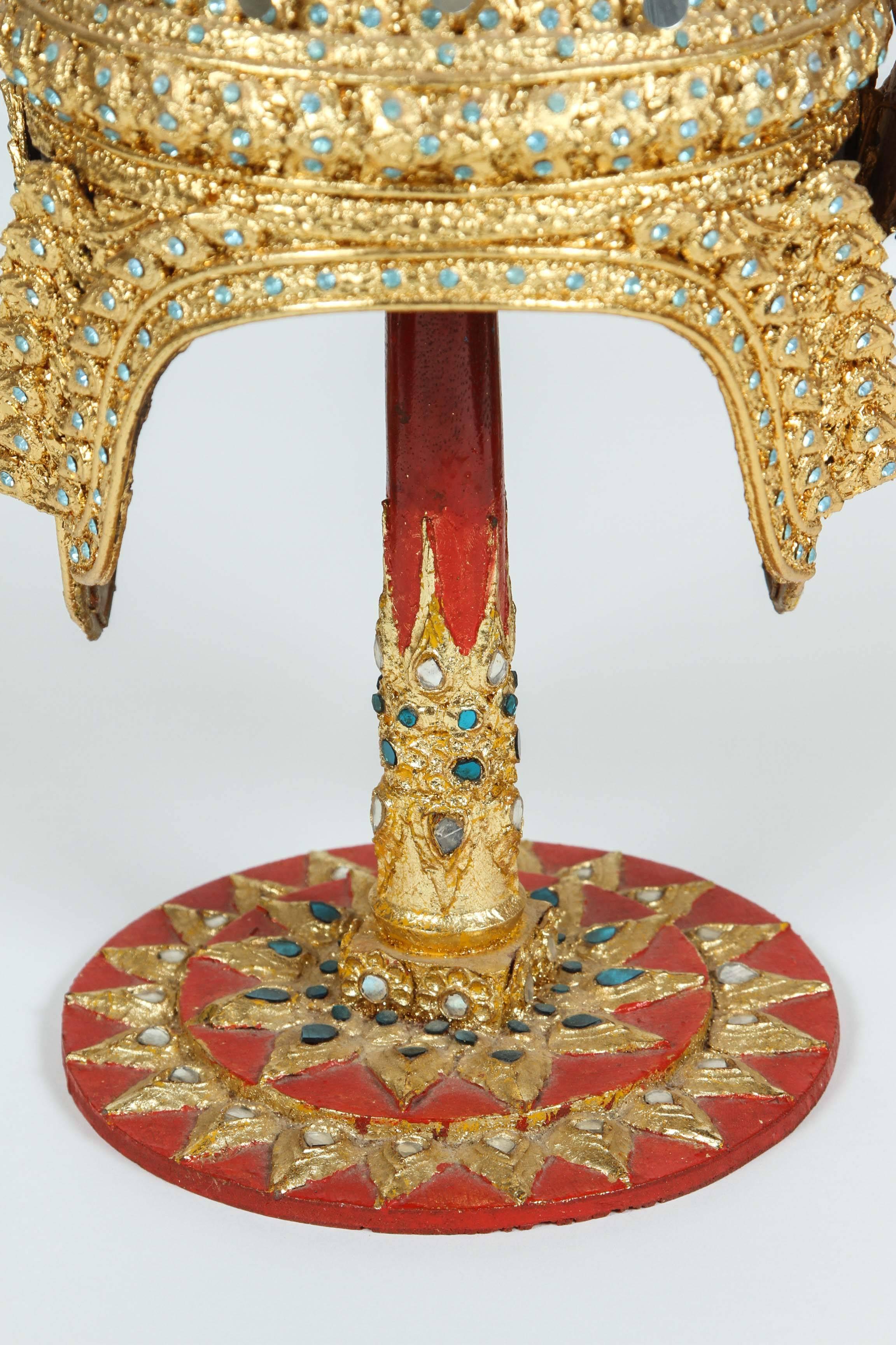 Hand-Crafted Gilt Ceremonial Thai Headdress on Stand